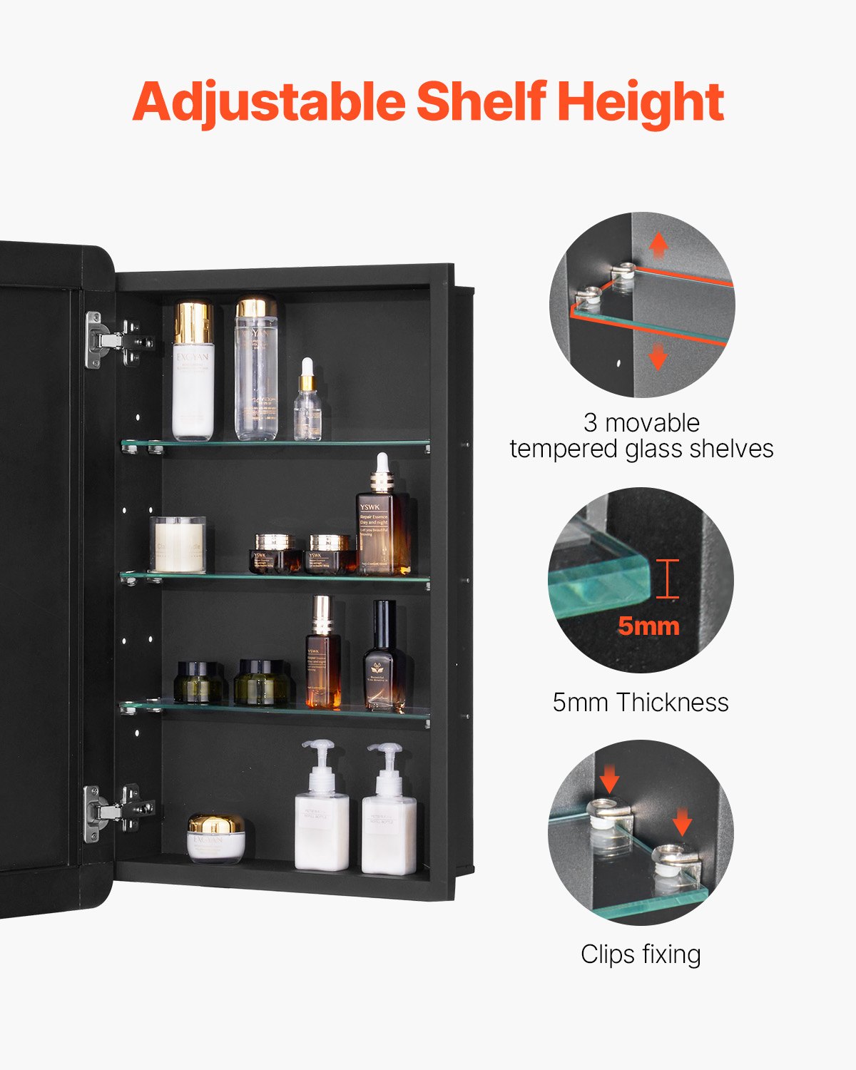 VEVOR Spiegelschrank verspiegelter Arzneischrank Medizinschrank (420 x 125 x 700 mm) für Badezimmer mit Einzelspiegel & verstellbaren Glasböden, Einbau- und Wandmontage, Aluminiumrahmen, Badschrank