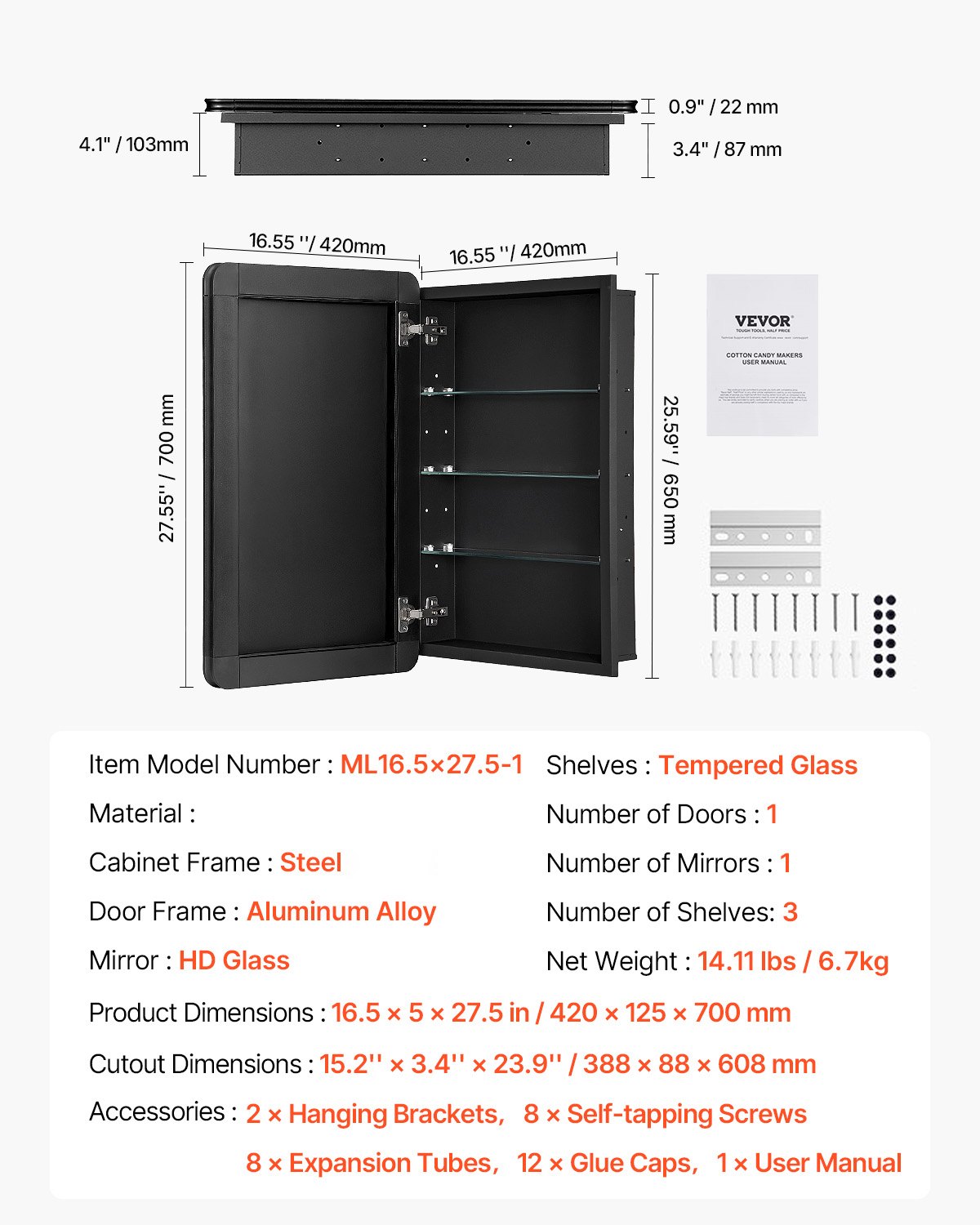 VEVOR Spiegelschrank verspiegelter Arzneischrank Medizinschrank (420 x 125 x 700 mm) für Badezimmer mit Einzelspiegel & verstellbaren Glasböden, Einbau- und Wandmontage, Aluminiumrahmen, Badschrank