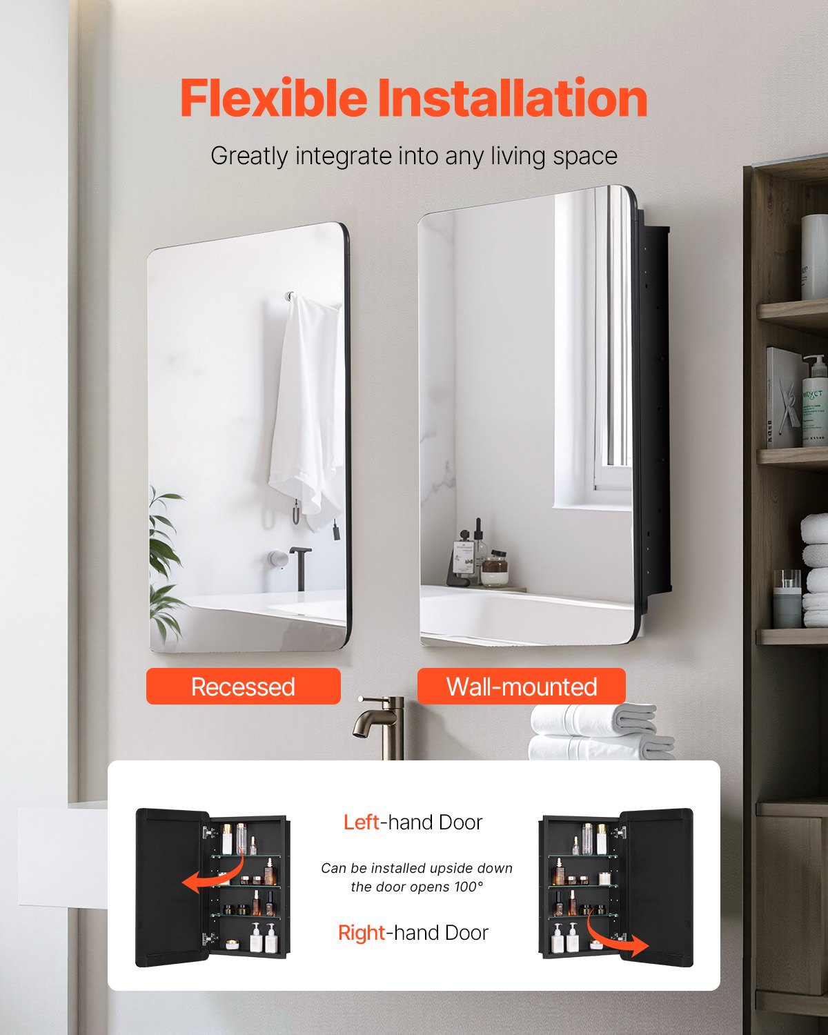 VEVOR Mirror Cabinet, Mirrored Medicine Cabinet (420 x 125 x 700 mm) for Bathrooms with Single Mirror & Adjustable Glass Shelves, Built-in and Wall Mounting, Aluminum Frame, Bathroom Cabinet