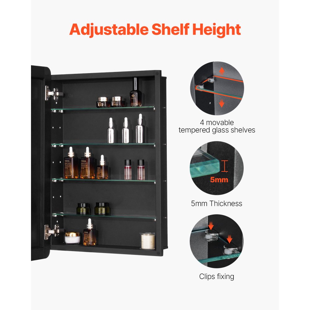 VEVOR Medizinschrank verspiegelter Arzneischrank (508 x 126 x 762 mm) für Badezimmer mit Spiegeltür & verstellbaren Glasböden, Einbau- und Wandmontage, Aluminiumrahmen, Spiegelschrank Badschrank