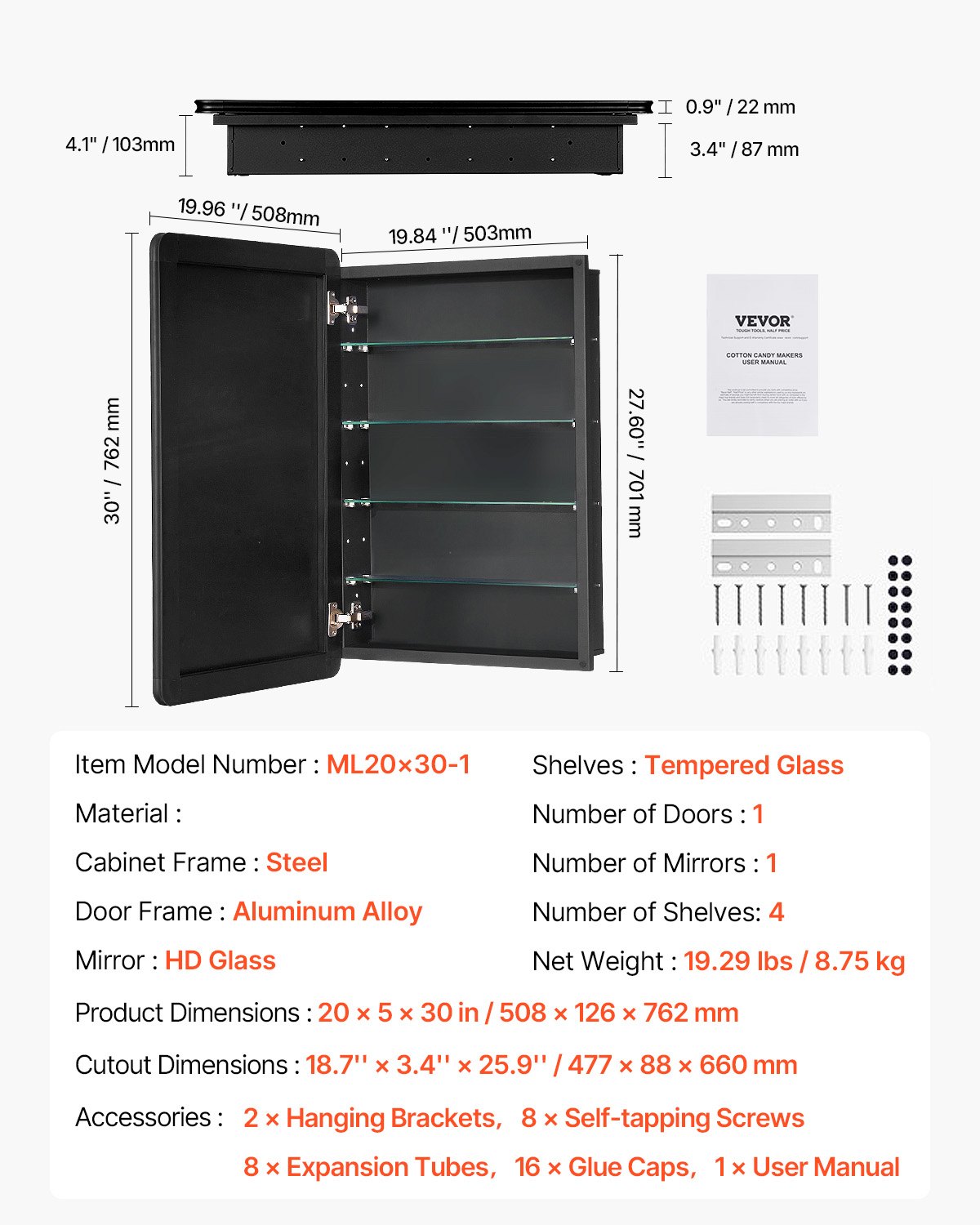 VEVOR Medizinschrank verspiegelter Arzneischrank (508 x 126 x 762 mm) für Badezimmer mit Spiegeltür & verstellbaren Glasböden, Einbau- und Wandmontage, Aluminiumrahmen, Spiegelschrank Badschrank
