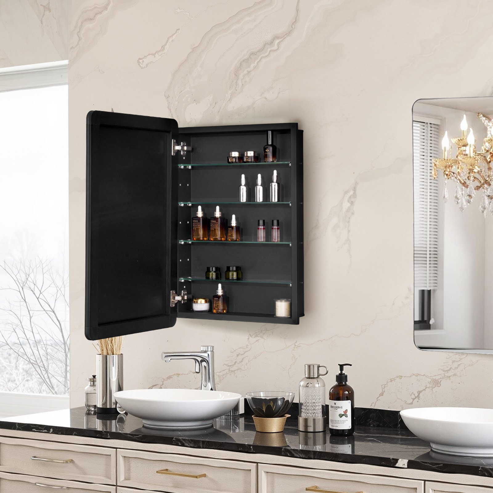 VEVOR Medizinschrank verspiegelter Arzneischrank (508 x 126 x 762 mm) für Badezimmer mit Spiegeltür & verstellbaren Glasböden, Einbau- und Wandmontage, Aluminiumrahmen, Spiegelschrank Badschrank