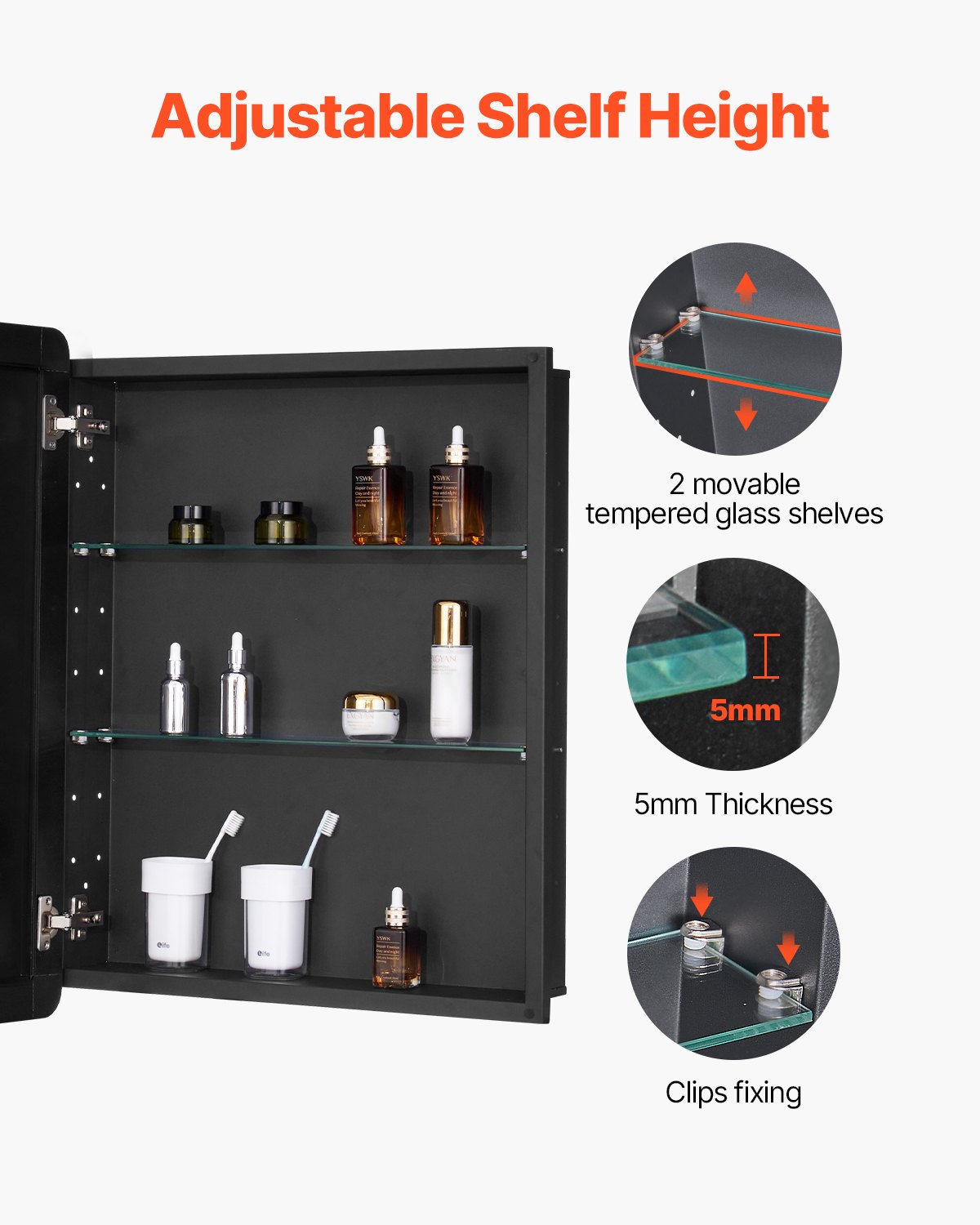 VEVOR Spiegelschrank verspiegelter Arzneischrank Medizinschrank (662 x 135 x 762 mm) für Badezimmer mit Spiegeltür & verstellbaren Glasböden, Einbau- und Wandmontage, Aluminiumrahmen, Badschrank