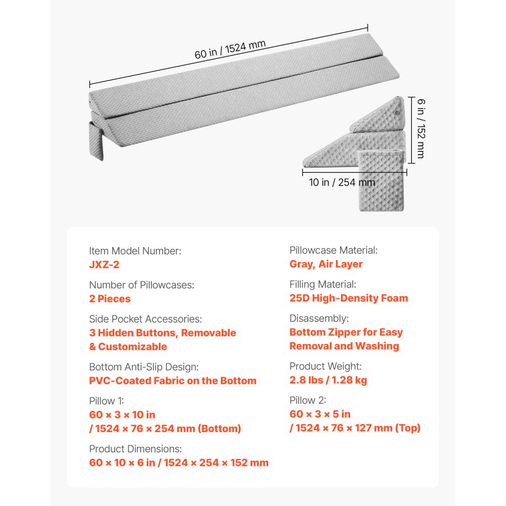 VEVOR Queeninformat Bettkeil 1524x254x152 mm, Matratzenkeil Kissen, Gap Filler, 0-177,8 mm Bett-Lückenfüller 25D-Kopfteilkeil aus hochdichtem Schaumstoff, Matratzenkeil mit Seitentasche, Grau