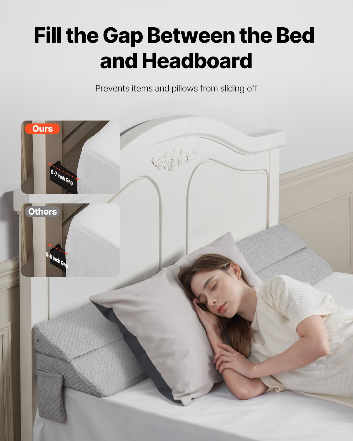 VEVOR Queeninformat Bettkeil 1524x254x152 mm, Matratzenkeil Kissen, Gap Filler, 0-177,8 mm Bett-Lückenfüller 25D-Kopfteilkeil aus hochdichtem Schaumstoff, Matratzenkeil mit Seitentasche, Grau