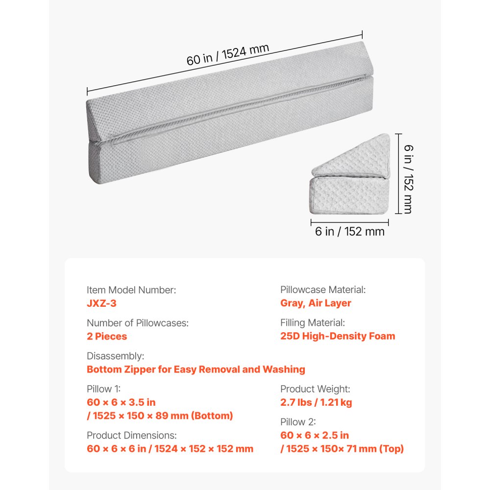 VEVOR Kopfteilkissenfüller für Queen-Size-Kopfteile, Bett-Lückenfüller 0–177,8 mm, 25D-Kopfteilkeil aus hochdichtem Schaumstoff, mit rutschfester Unterseite, 1525 x 152 x 152 mm, Grau