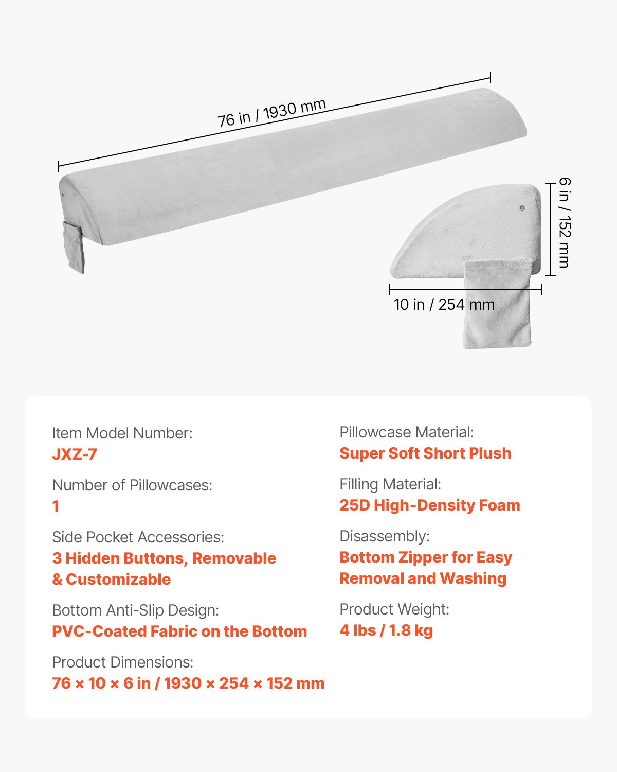 VEVOR Bett-Lückenfüller Keilkissen, 0–177,8 mm Königinformat Bettkeil, weicher, kurzer Plüsch-Kopfteilkeil, mit Seitentasche, 1930 x 254 x 152 mm, Matratzenkeil Kissen Gap Filler, Grau
