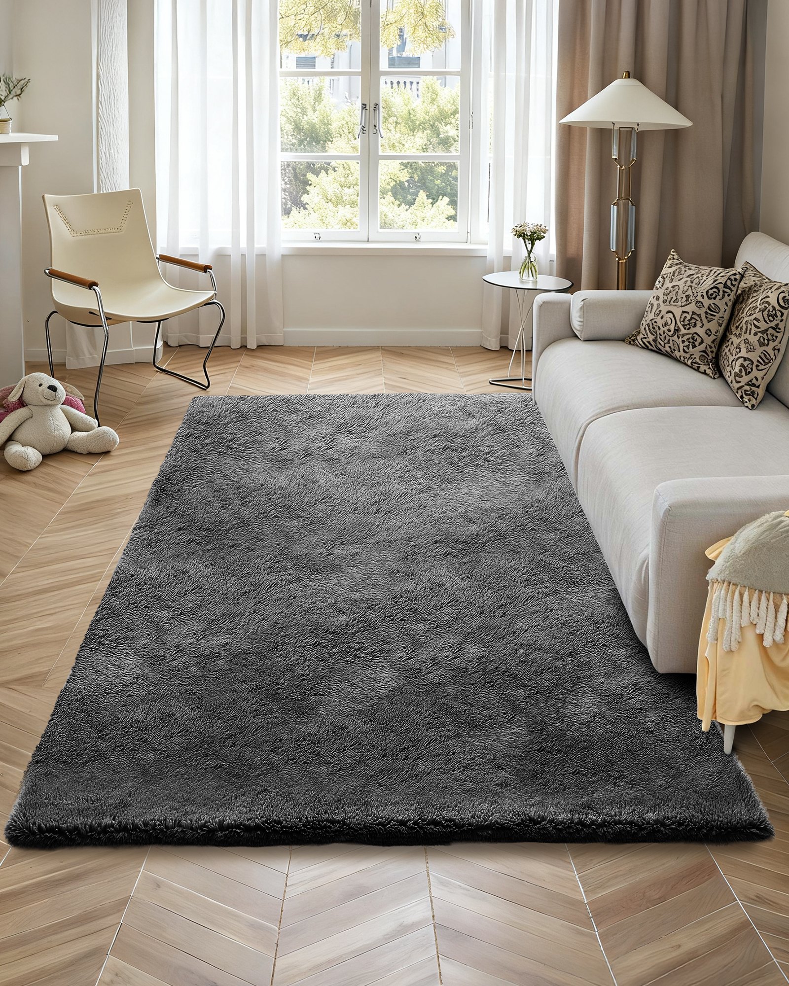 VEVOR Hochflor Teppich 2438x1524 mm, flauschiger Teppich mit dreilagigem Material, 35 mm Florhöhe, Bodenteppiche für Wohnzimmer, Schlafzimmer, Wintergarten, fusselfrei & weich, rutschfest, Grau