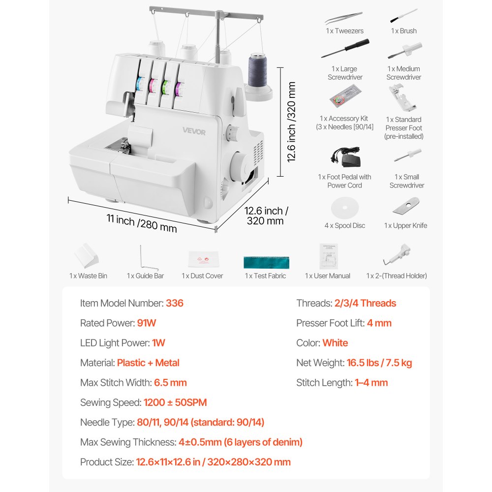 VEVOR Overlock-Nähmaschine, 1250 Stiche pro Minute, 2-3-4-Faden-fähig, einstellbarer Differentialtransport (0,7-2), mit Freiarm und LED-Beleuchtung, Nähmaschine für verschiedene Stoffe, Weiß