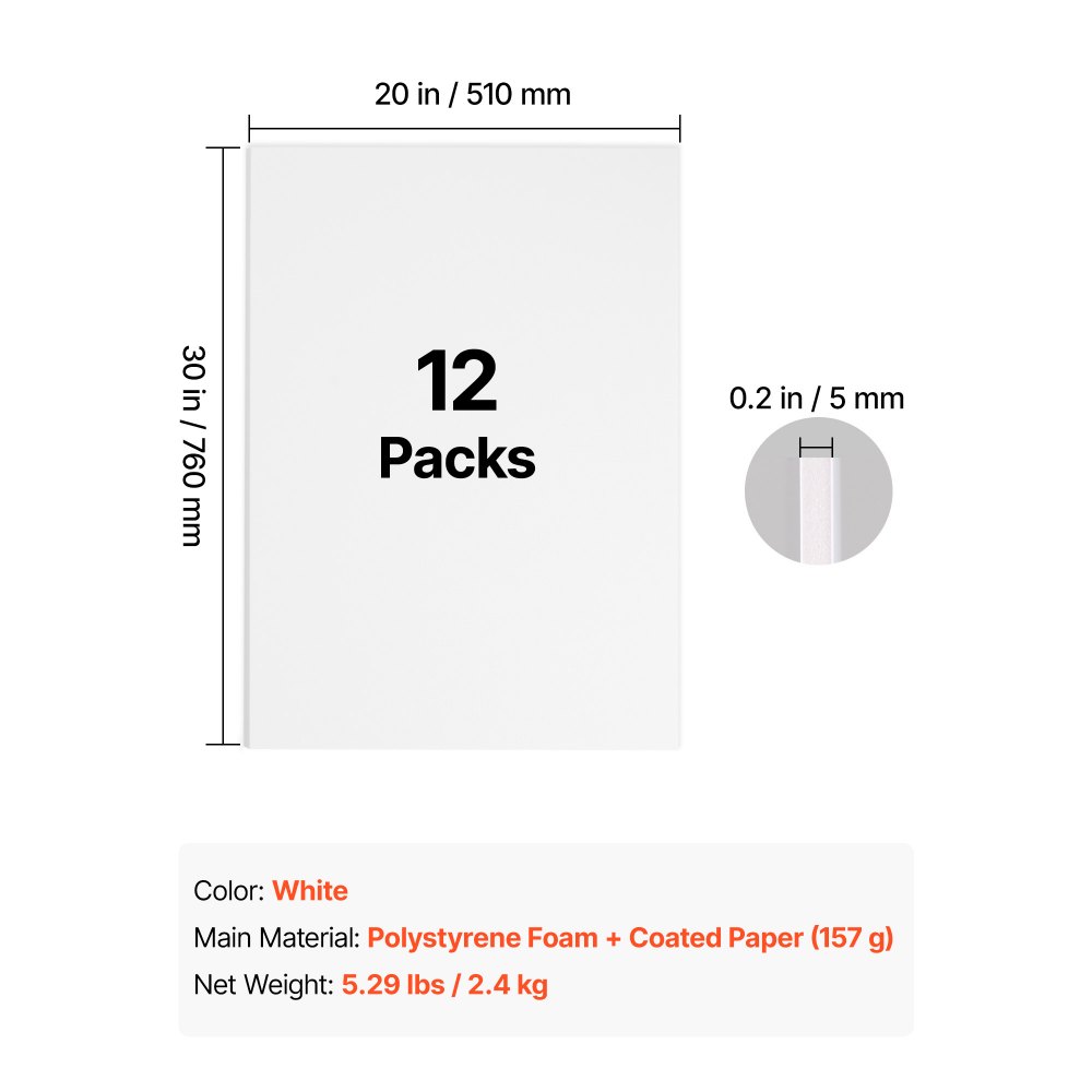 VEVOR 12er-Pack Schaumstoffplatten 510x760mm Posterplatte 5mm Stärke Weiß, Foamboard für DIY-Projekte Gemälde Drucke & Präsentation, Säurefreier Polystyrolschaum & Doppelseitige Kartons, Zuschneidbar