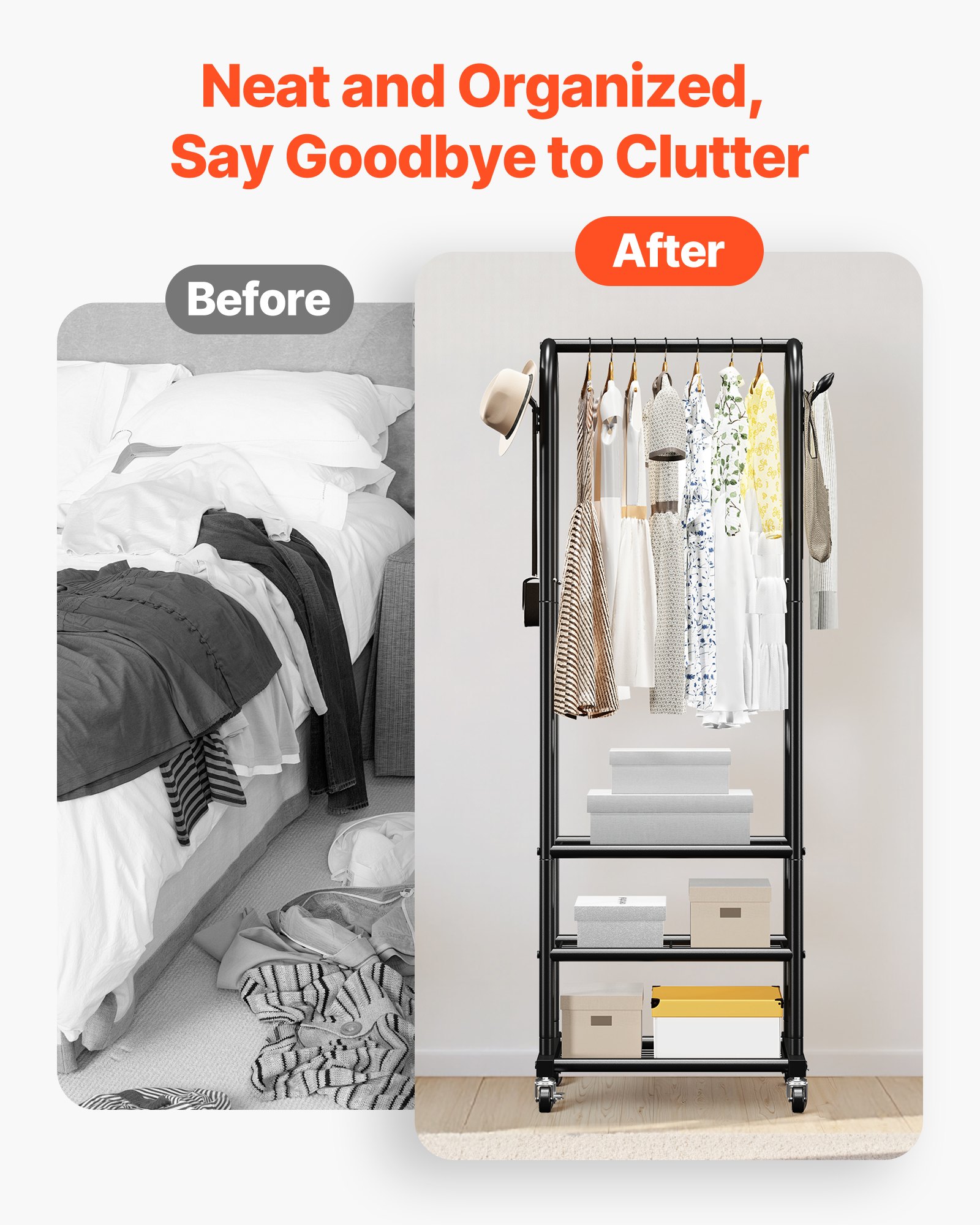 VEVOR Kleiderständer Garderobenständer rollbar mit Kleiderstange & 3 Ablageflächen, bis 45 kg belastbar, robuster Kleiderständer aus Karbonstahl für Schlafzimmer Waschküche Wohnzimmer