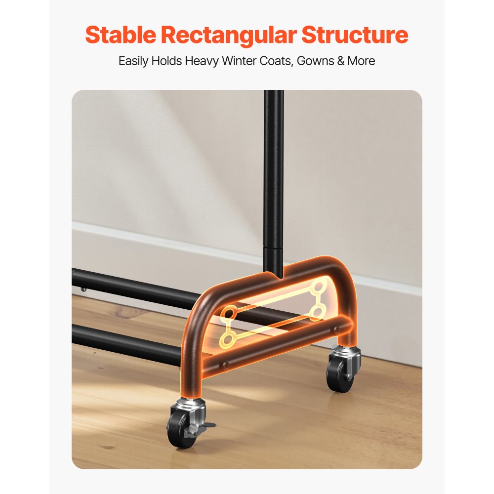 VEVOR Kleiderständer Garderobenständer rollbar mit verstellbarer Querstange & seitlichen Haken, 150 kg belastbar, robuster Kleiderständer aus Karbonstahl für Schlafzimmer Waschküche Wohnzimmer