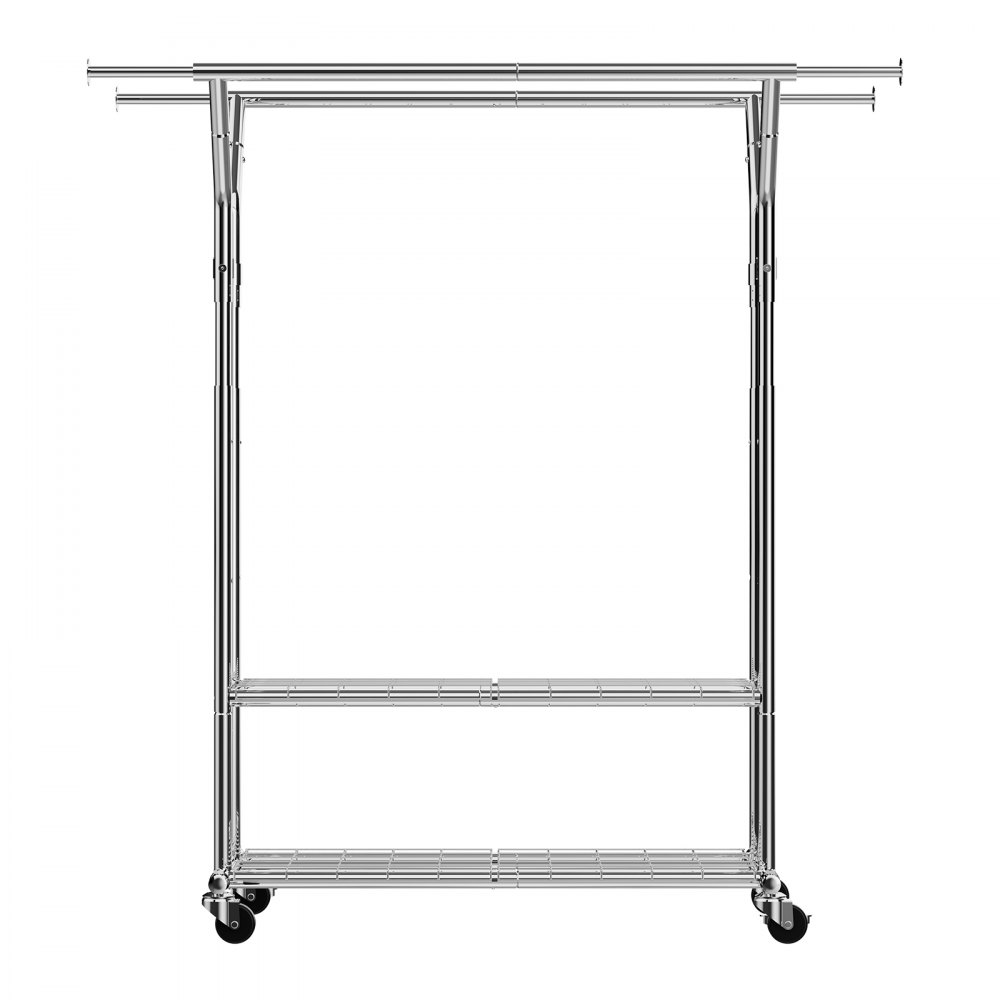 VEVOR Kleiderständer Garderobenständer rollbar mit 2 Kleiderstangen & 2 Ablageflächen, bis 120 kg belastbar, höhenverstellbarer Kleiderständer aus Karbonstahl für Schlafzimmer Waschküche
