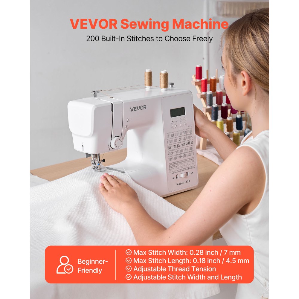 VEVOR Computerized Sewing Machine, 200 Stitch Applications, with LCD Screen, Foot Pedal and LED Light, Heavy-Duty Metal Frame, Digital Sewing Machine with Powerful Motor for Crafts and Mending