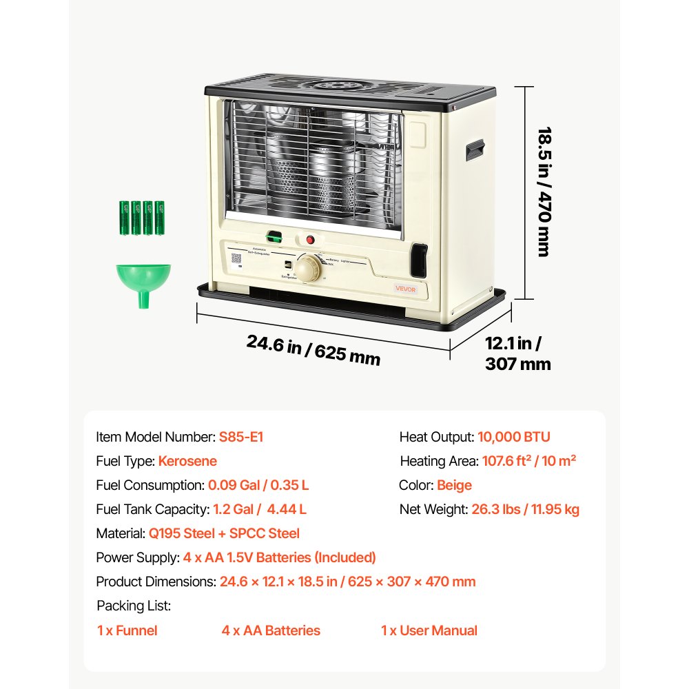 VEVOR Petroleumheizung 2930W Tragbare Petroleumofen 4,44L Ölheizung Beige, Heizkanone für Zuhause Camping Notfall, Max. 10 m², Sicherheitsgitter, Kippschutz, Flammenregulierung, mit Tankanzeige & Akku