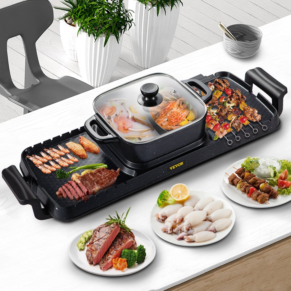 VEVOR 2 in 1 Elektrischer Hot Pot Grill 800 W 1600 W Multifunktionaler BBQ Hot Pot Koreanisches Barbecue Hot Pot Aluminiumguss Löffel Handschuhe