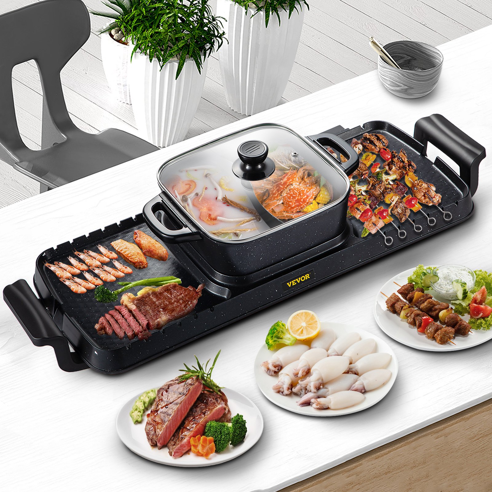 VEVOR 2 in 1 Elektrischer Hot Pot Grill 800 W 1600 W Multifunktionaler BBQ Hot Pot Koreanisches Barbecue Hot Pot Aluminiumguss Löffel Handschuhe