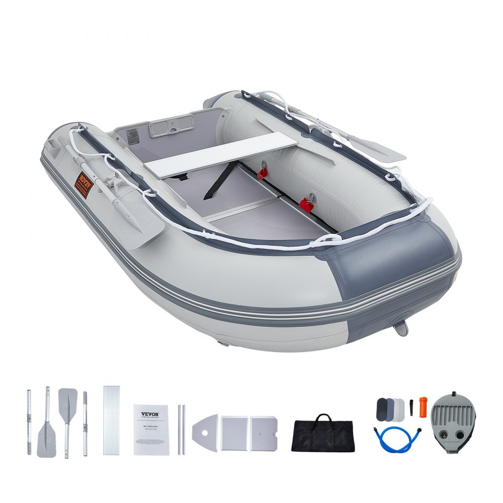 VEVOR Schlauchboot, 4-Personen-Sportboot mit Heckspiegel, Marine-Holzboden und verstellbarer Aluminiumbank, 453,6 kg Aufblasbares Fischerbootfloß, Aluminiumruder, Luftpumpe und Tragetasche