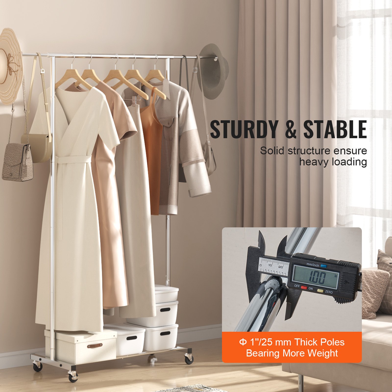 VEVOR Rollbarer Kleiderständer Garderobenständer 1 Kleiderstange, 781–1378 mm Einstellbar, Strapazierfähiger Rollbarer Kleiderständer für Schlafzimmer, Wäscheraum, Ankleidezimmer, Eingang usw.