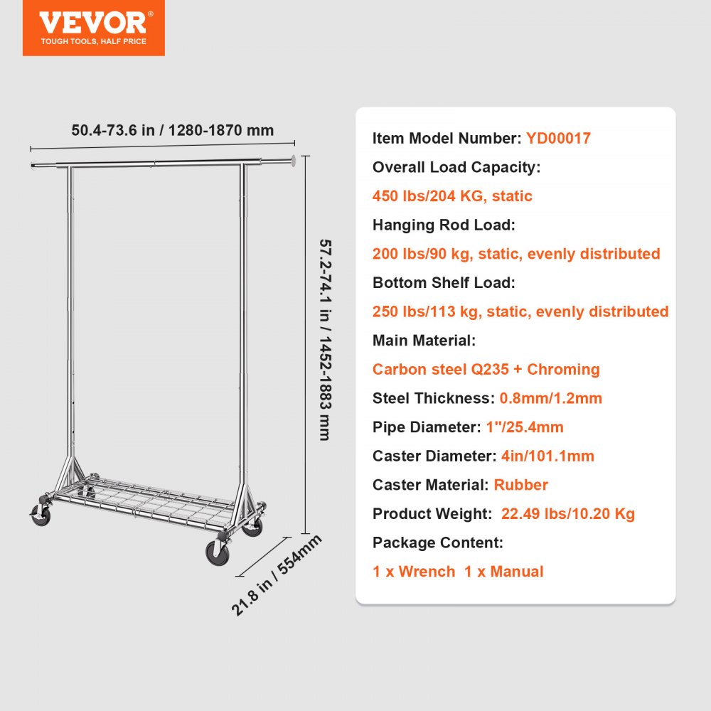 VEVOR Rollbarer Kleiderständer Garderobenständer 1 Kleiderstange, 204 kg Belastbar Strapazierfähig 1452–1883 mm Höhenverstellbar Mobiler Ständer für Schlafzimmer, Wäscheraum, Ankleidezimmer usw.