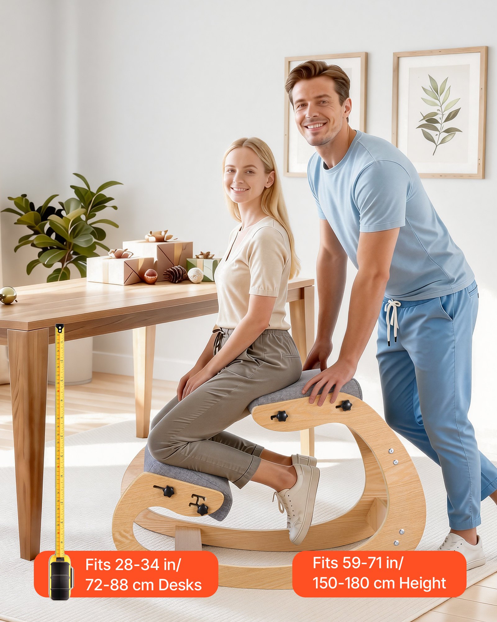 VEVOR Ergonomischer Kniehocker mit Dicken, Integrierten Schaumstoffpolstern & Massivholzrahmen, Höhenverstellbarer Kniestuhl zur Entlastung von Nacken und Rücken, Ideal für Zuhause, Büro, Grau