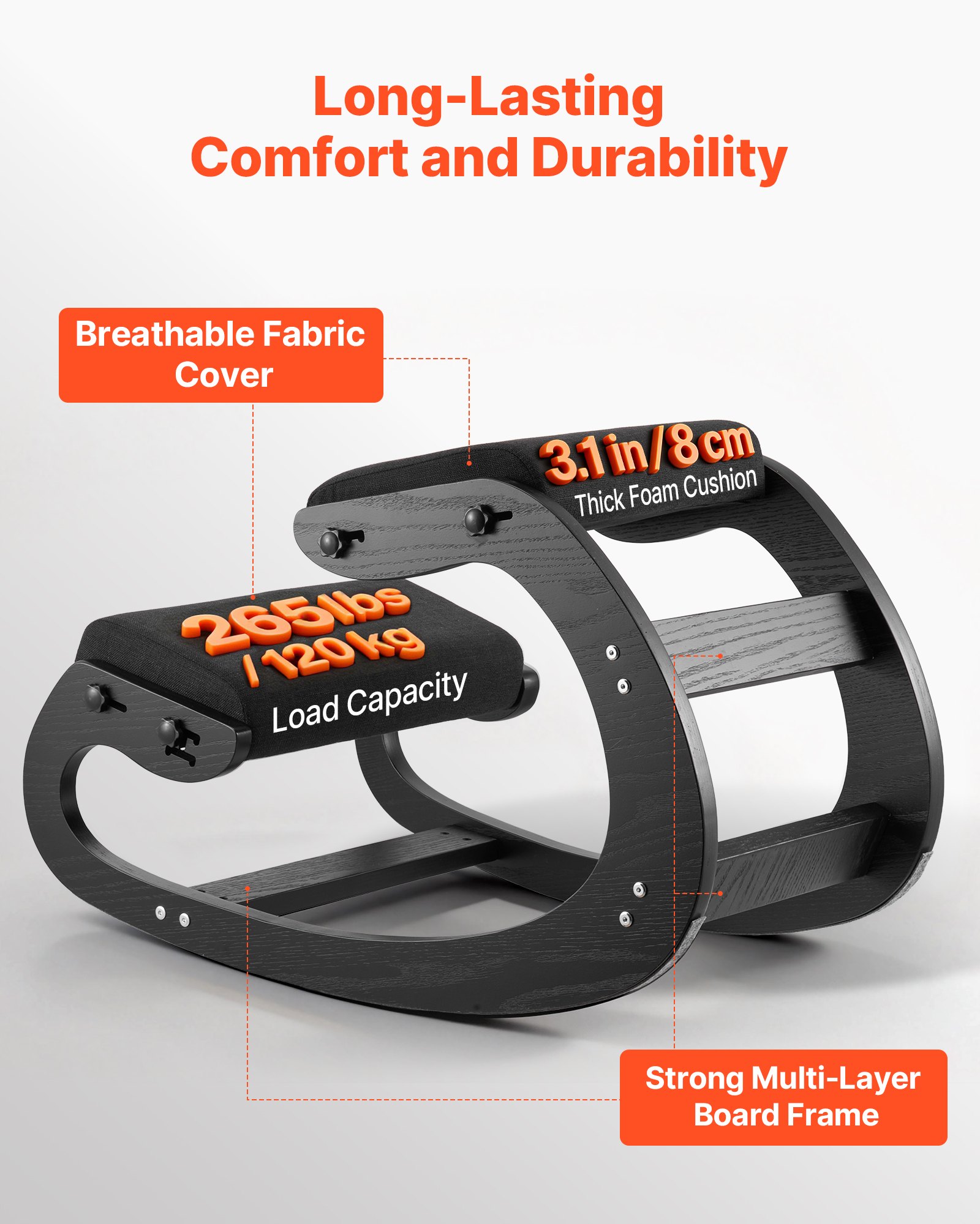 VEVOR Ergonomischer Hocker mit Dicken, Integrierten Schaumstoffpolstern & Massivholzrahmen, Höhenverstellbarer Kniestuhl zur Entlastung von Nacken und Rücken, Ideal für Zuhause, Büro, Schwarz