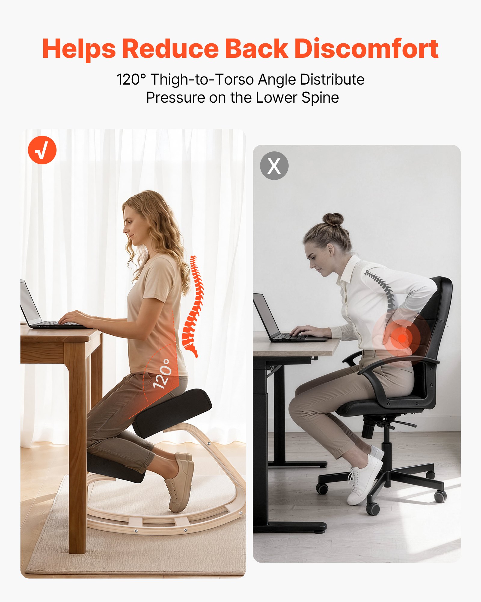 VEVOR Ergonomischer Kniehocker mit Dicken Schaumstoffpolstern & Stabilem Massivholzrahmen, Kniestuhl zur Entlastung von Nacken und Rücken, bis 65 Belastbar, Ideal für Zuhause Büro Meditation, Schwarz