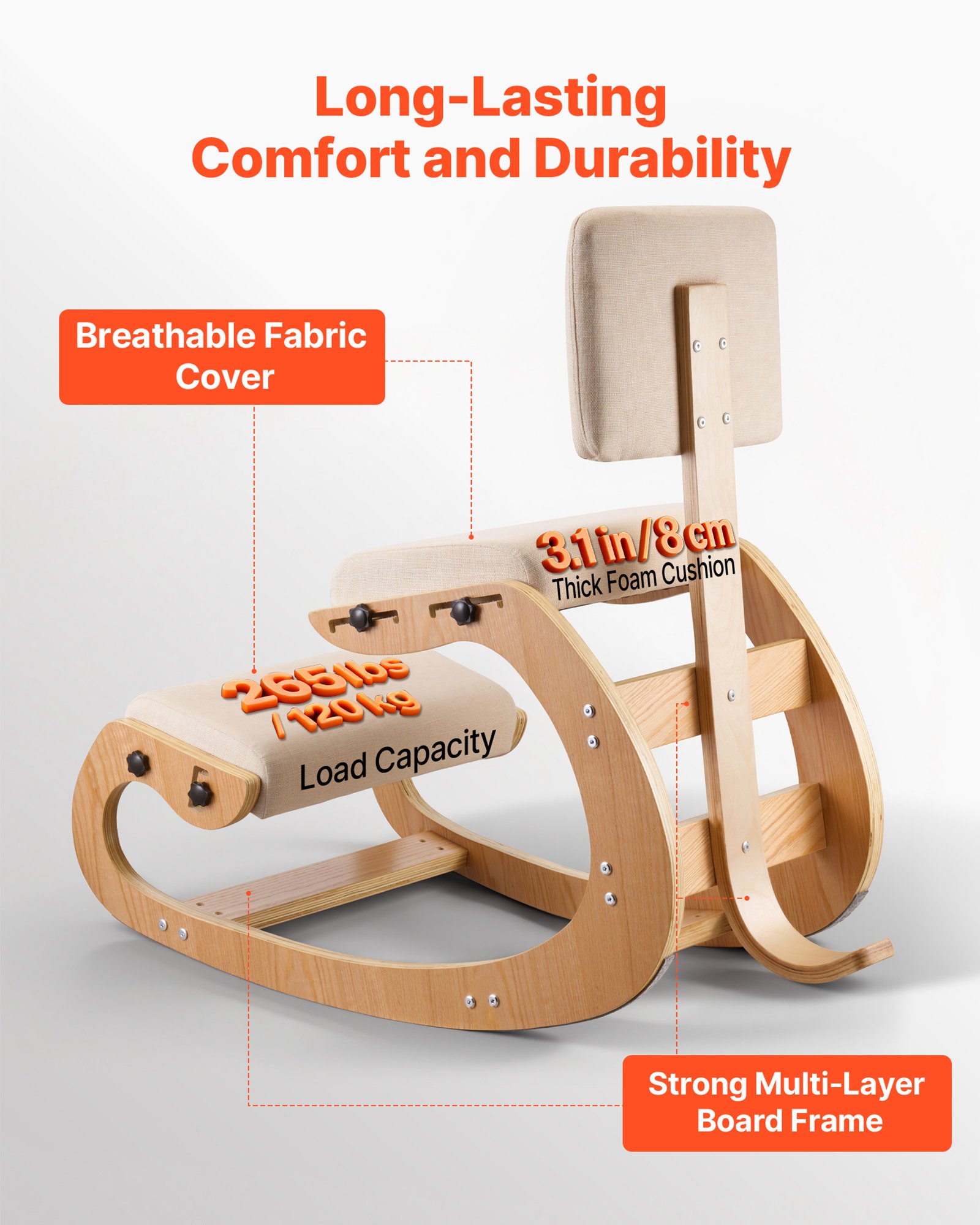 VEVOR Ergonomic Kneeling Chair, Wooden Posture Knee Chair with Adjustable Thick Foam Cushions, Backrest and Wood Frame, Adjustable Height, Relief for Neck or Back Pain for Home, Office or Meditation