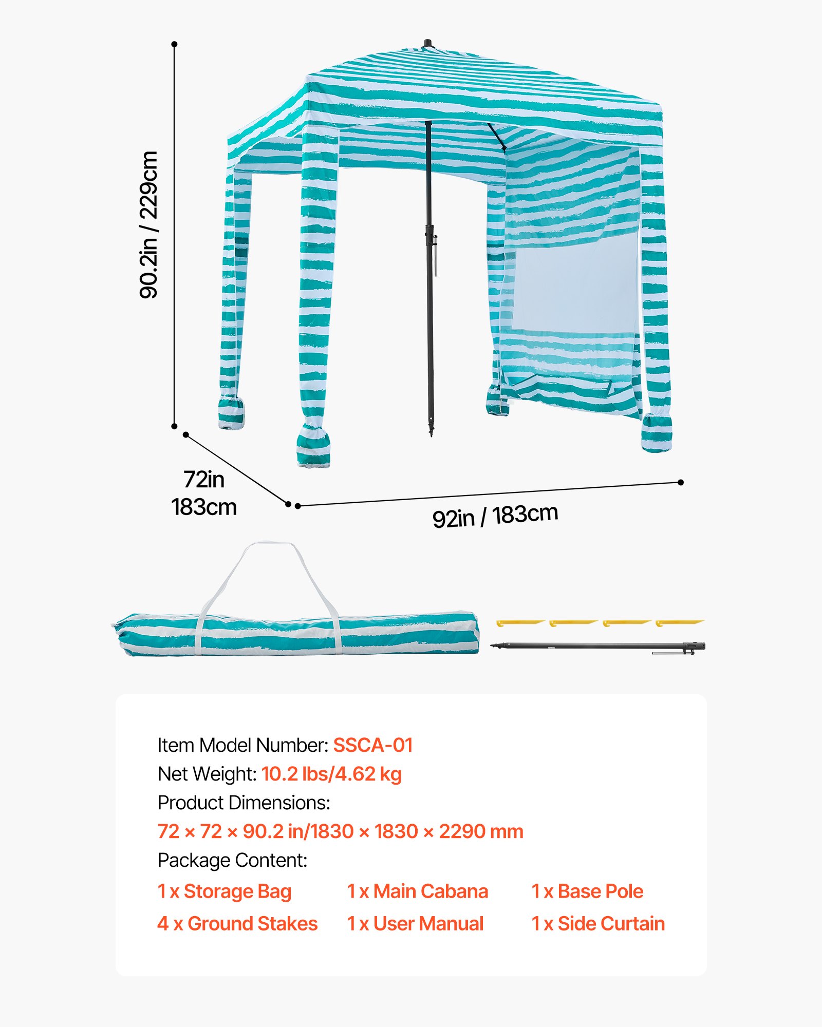 VEVOR Strand-Cabana 183 x 183 cm Strandüberdachung mit Seitenwand, UPF 50+ Sonnenschutz, Strandpavillon mit Sandsäcken, tragbarer Sonnenschutz Sonnenschirm für Familie, grüne Streifen