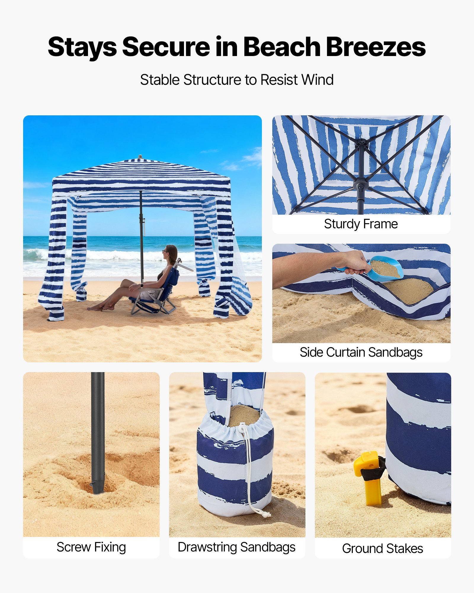 VEVOR Strand-Cabana, 183 x 183 cm Strandüberdachung mit Seitenwand, UPF 50+ Sonnenschutz, Strandpavillon mit Sandsäcken, tragbarer Sonnenschutz Sonnenschirm für Familie Freunde marineblaue Streifen