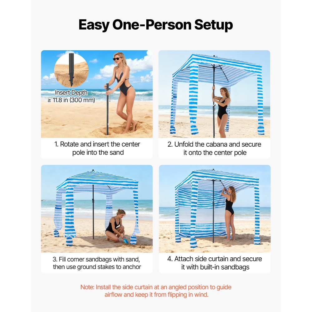 VEVOR Strand-Cabana 183 x183 cm Strandüberdachung mit Seitenwand, UPF 50+ Sonnenschutz, Strandpavillon mit Sandsäcken, tragbarer Sonnenschutz Sonnenschirm für Familie Freunde Blaue Streifen