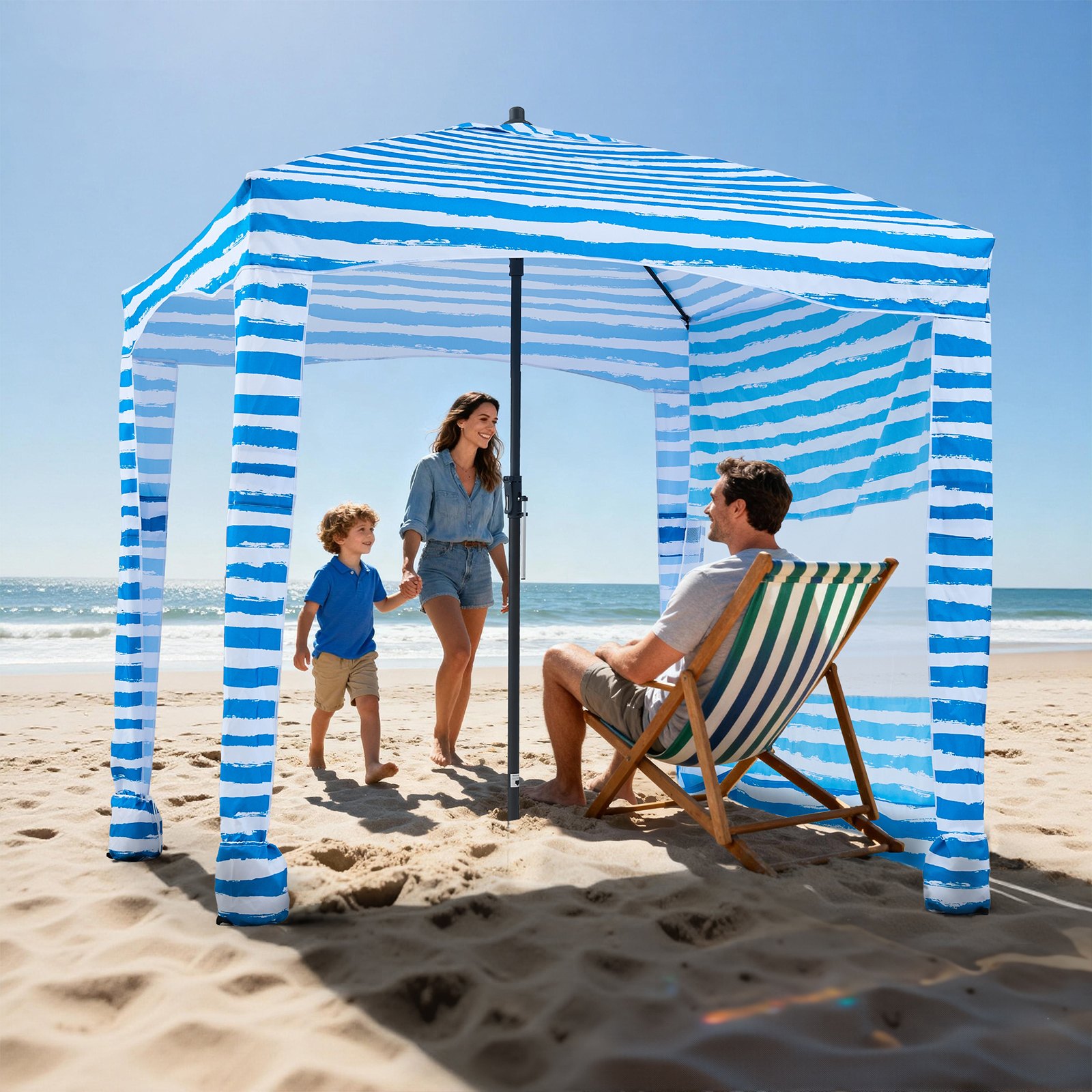 VEVOR Strand-Cabana 183 x183 cm Strandüberdachung mit Seitenwand, UPF 50+ Sonnenschutz, Strandpavillon mit Sandsäcken, tragbarer Sonnenschutz Sonnenschirm für Familie Freunde Blaue Streifen