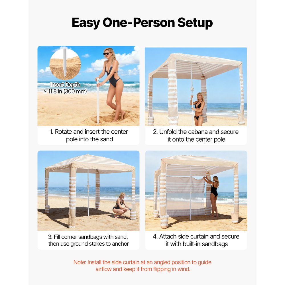 VEVOR Strand-Cabana, 2,4 x 2,4 m Strandüberdachung mit Seitenwand, UPF 50+ Sonnenschutz, Cabana mit Sandsäcken, höhenverstellbarer & tragbarer Sonnenschutz für die ganze Familie und Freunde