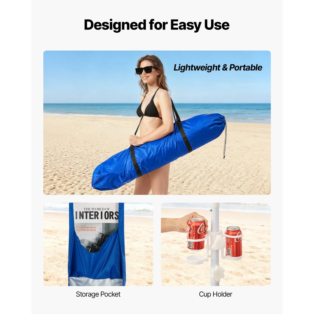 VEVOR Strand-Cabana, 2,4 x 2,4 m Strandzelt mit Seitenwand, UPF 50+ Sonnenschutz, Strandpavillon mit Sandsäcken, höhenverstellbarer & tragbarer Sonnenschutz für Familie und Freunde, Blau