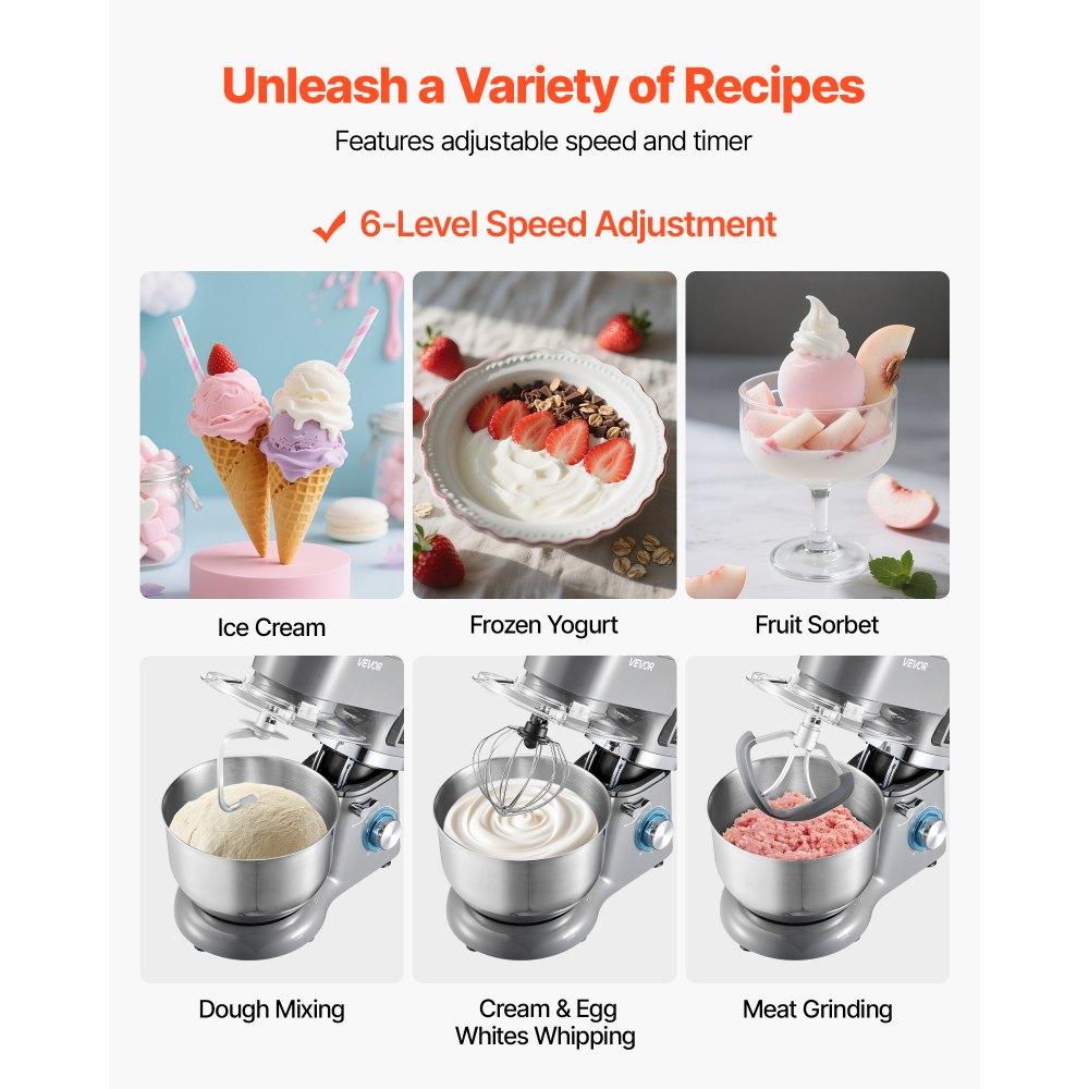 VEVOR Eismaschine Eiscrememaschine 1,7 L Standmixer 6-Gang mit LED-Digitalanzeige & Timer & Rührpaddel & Knethaken & Spritzschutz, für DIY Gefrorener Joghurt, Frucht-Gelato Sorbet Grau 1400 W