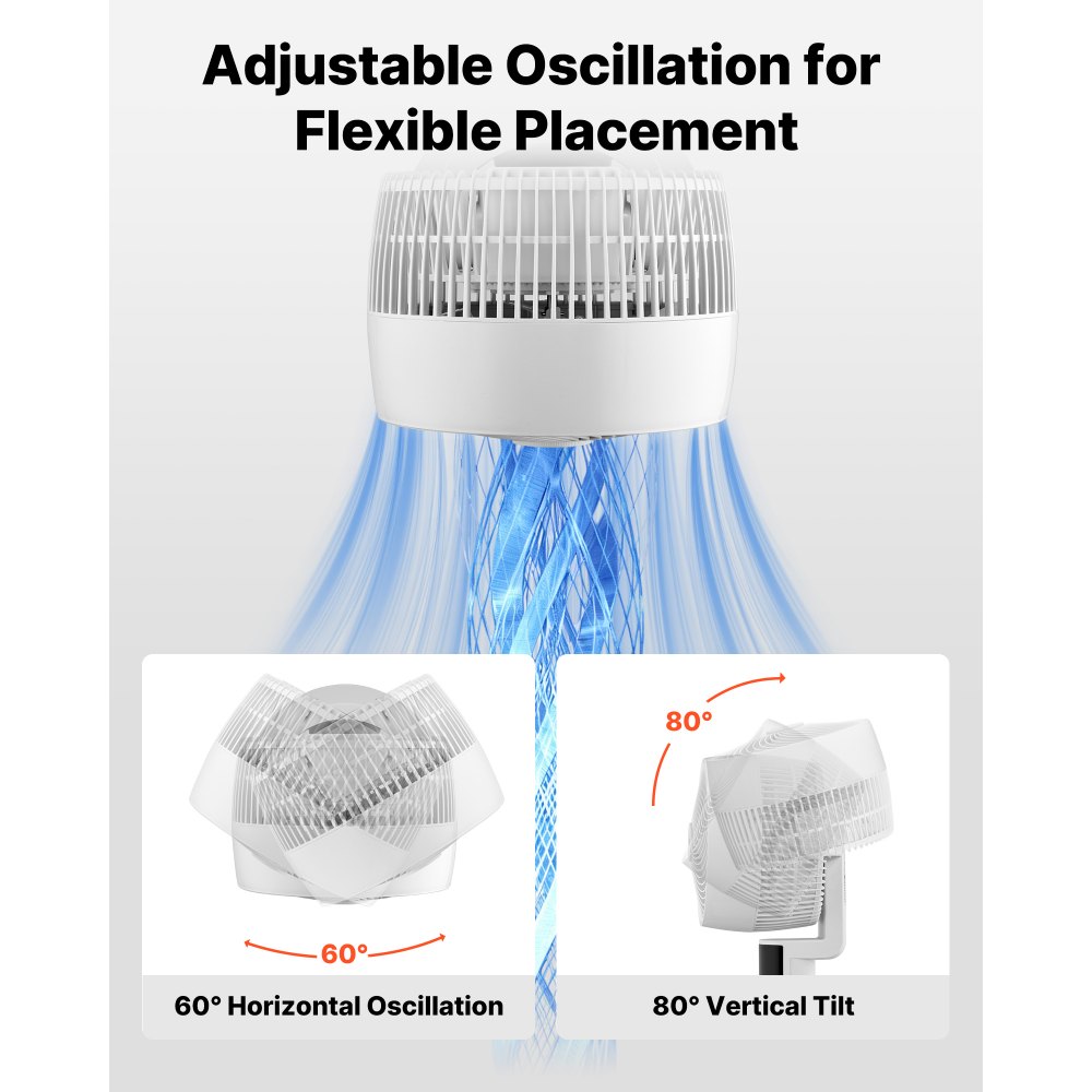 VEVOR Standventilator, Ventilator 80° Oszillierend, Windmaschine mit Leisem Gleichstrommotor, Fernbedienung, 9 Geschwindigkeitsstufen & 4 Intelligenten Modi, Timer, Höhenverstellbar, für Zuhause