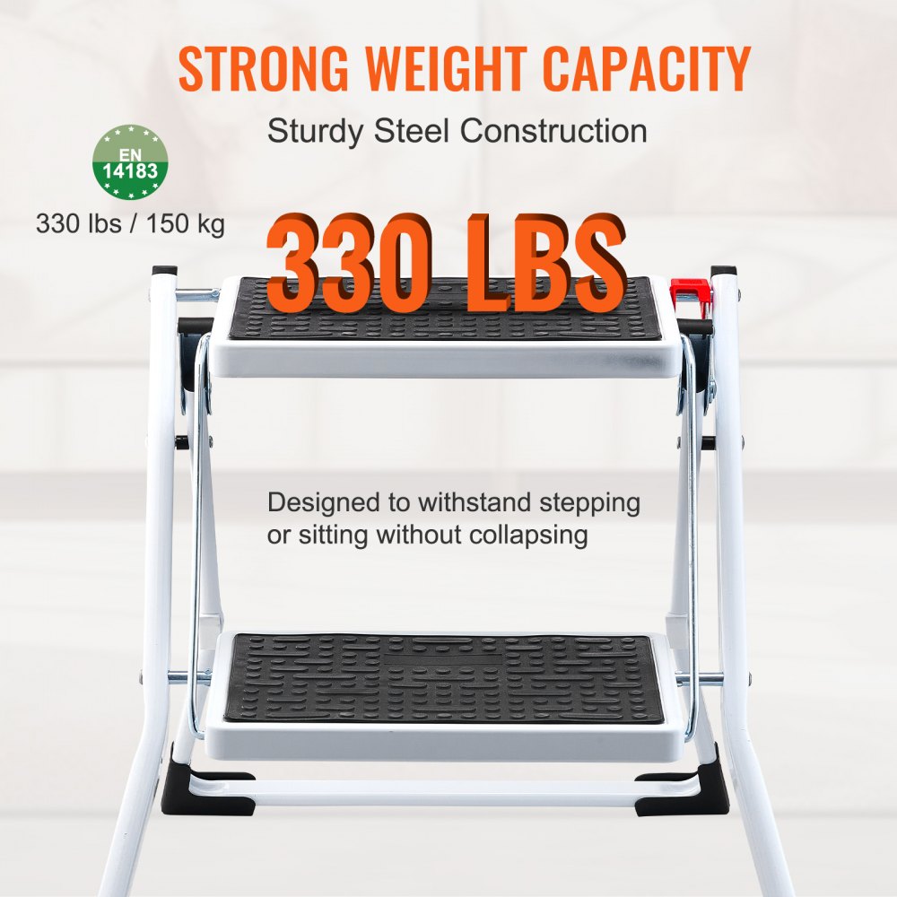 VEVOR Household Ladder 500x480x450mm Folding Steel Step Ladder 2 Steps 150kg Load Capacity Folding Step Stool Double Step Ladder 445mm High Kitchen Ladder Non-Slip Step Stool