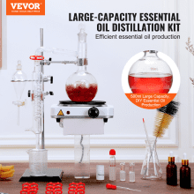 VEVOR Destillationsset für Ätherische Öle, 500 ml Destillationsapparat, 3,3 Boro-Laborglas-Destillationsset mit 1000 W Heizplatte und 24, 40 Gelenken, 33-teiliges Set