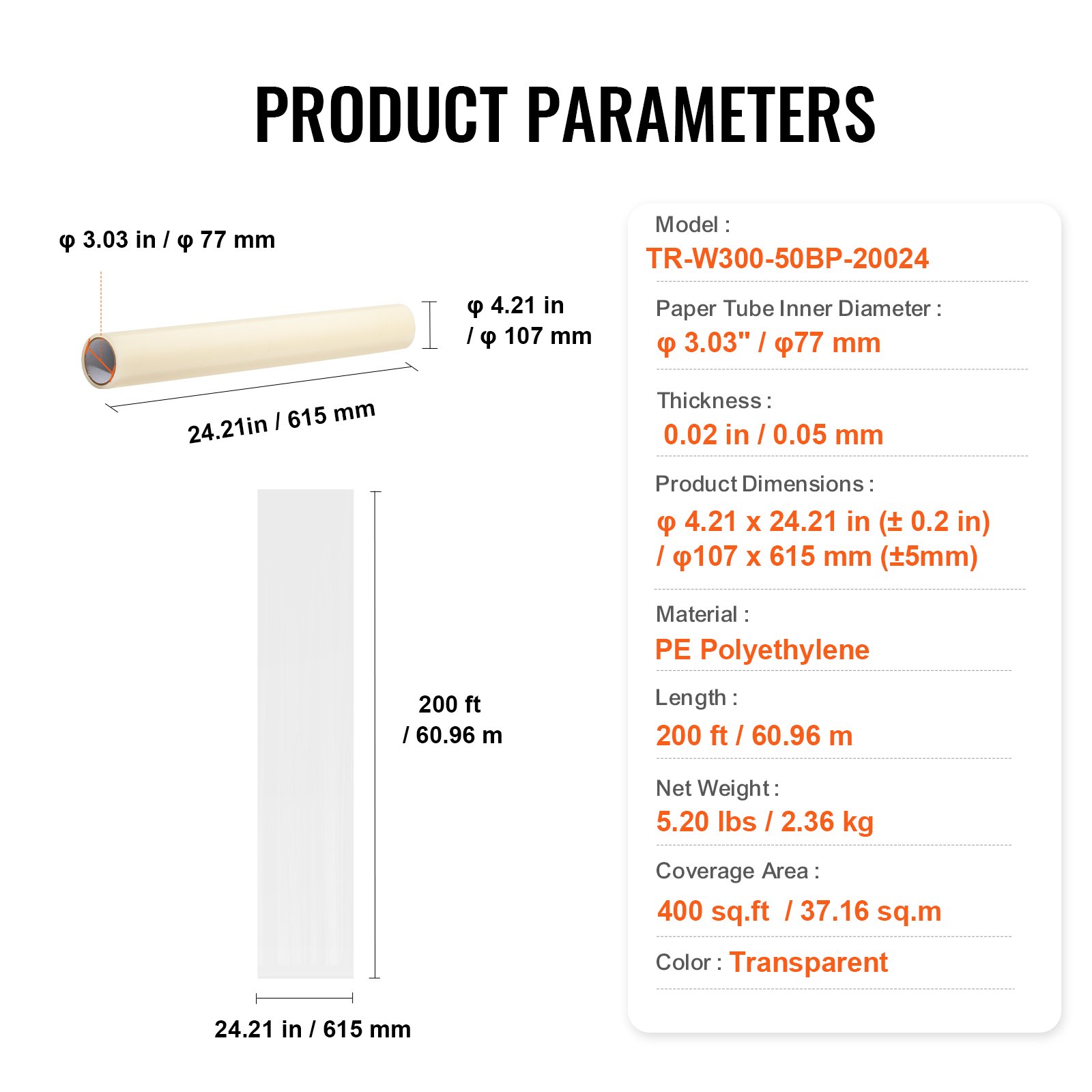 VEVOR Carpet Protection Film, 61 x 61 m, Floor and Surface Protection with Self-Adhesive Backing and Easy Installation, Self-Adhesive Polyethylene Car Mat Protection Roll for Construction and Renovation