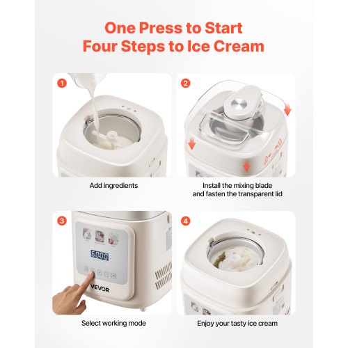 VEVOR automatische Eismaschine mit eingebautem Kompressor 1 L kein Vorgefrieren, Gelato und Ice Cream Maker mit 4 Modi, elektrischer Eismaschine