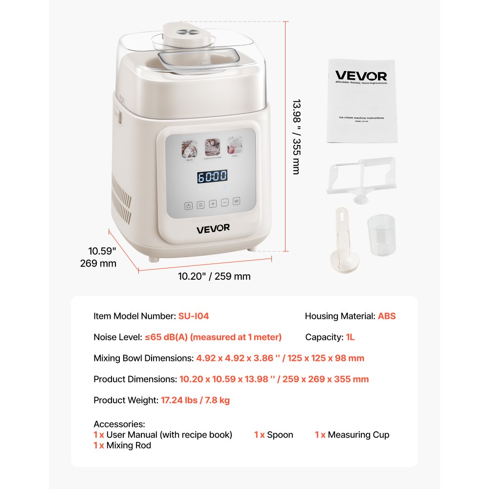 VEVOR automatische Eismaschine mit eingebautem Kompressor 1 L kein Vorgefrieren, Gelato und Ice Cream Maker mit 4 Modi, elektrischer Eismaschine Frozen Yogurt Sorbet Maker Weiß