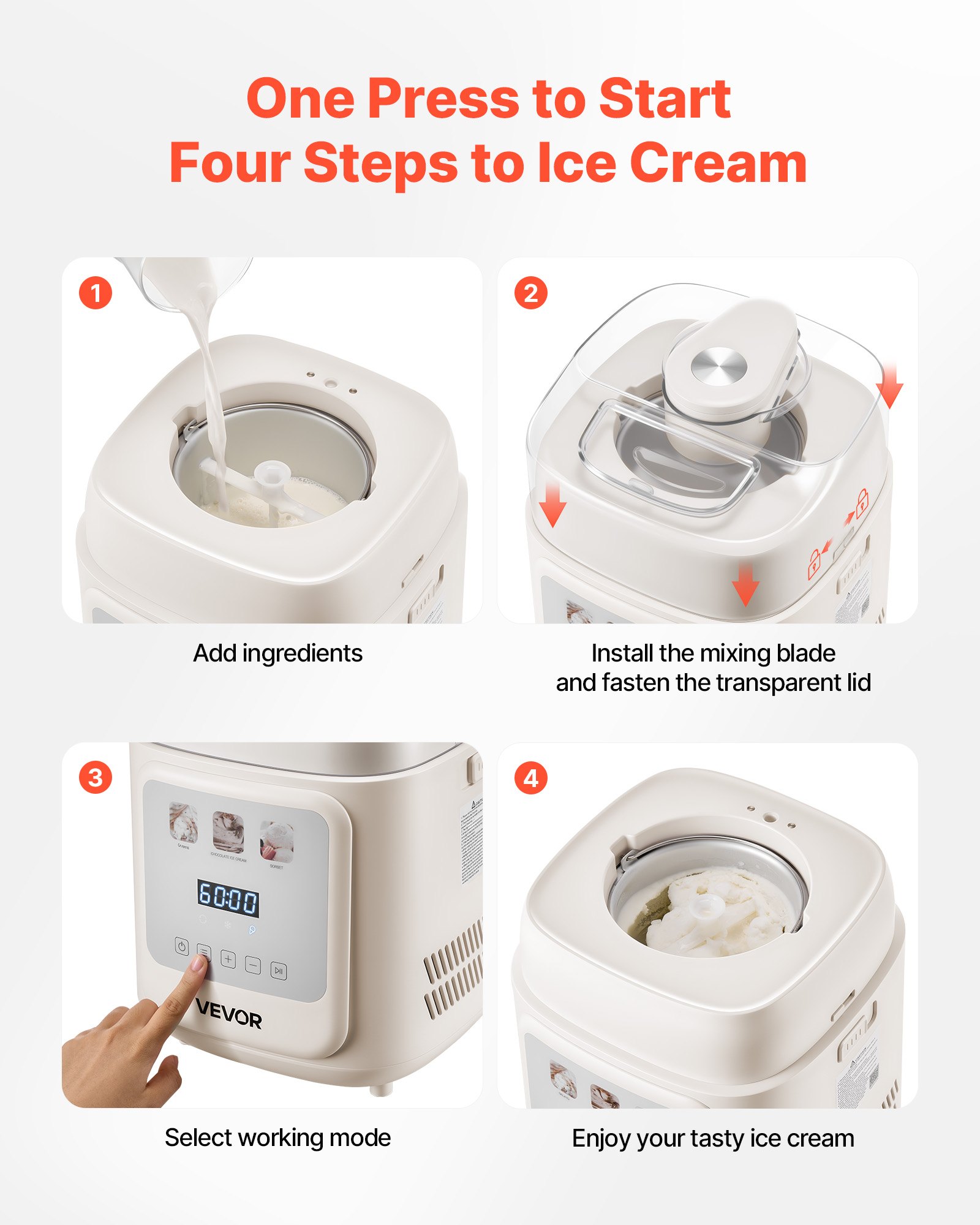 VEVOR automatische Eismaschine mit eingebautem Kompressor 1 L kein Vorgefrieren, Gelato und Ice Cream Maker mit 4 Modi, elektrischer Eismaschine Frozen Yogurt Sorbet Maker Weiß