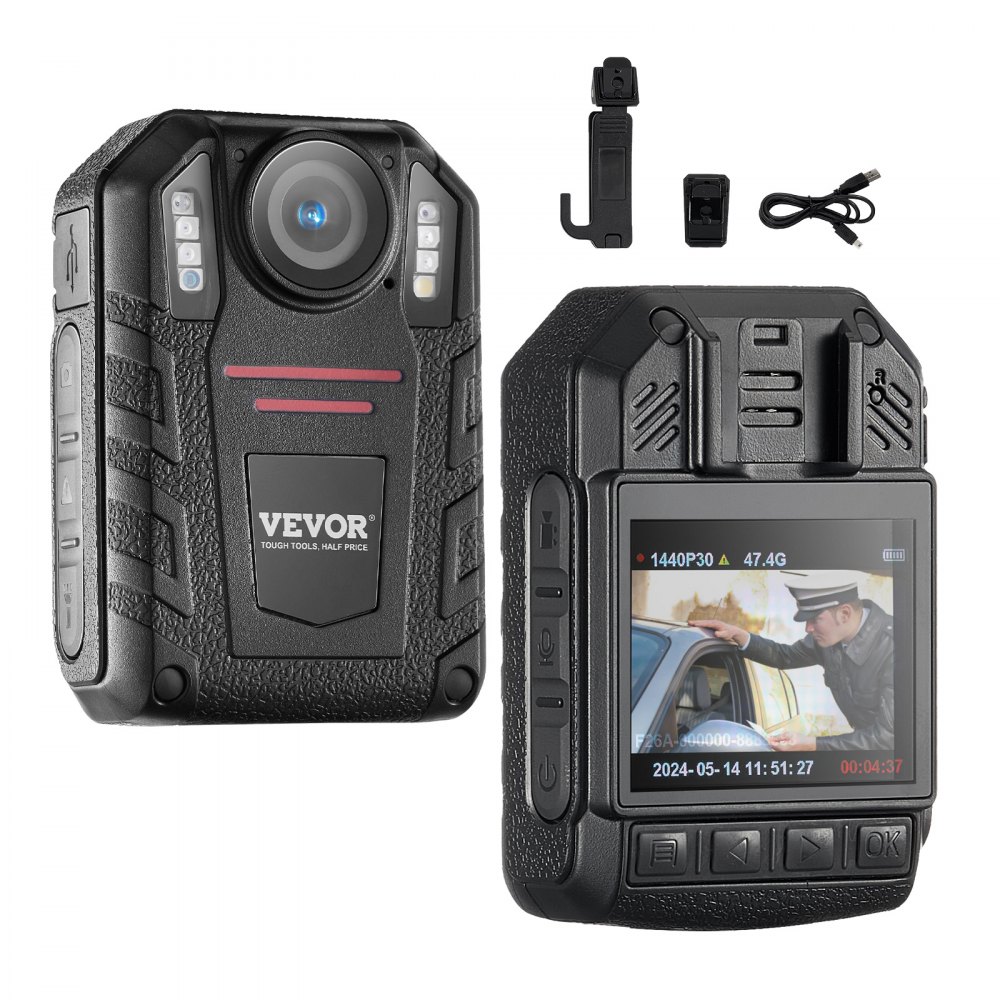 VEVOR 1440P Polizei Body Camera 64G Body Cam mit 2850 mAh Akku Nachtsicht