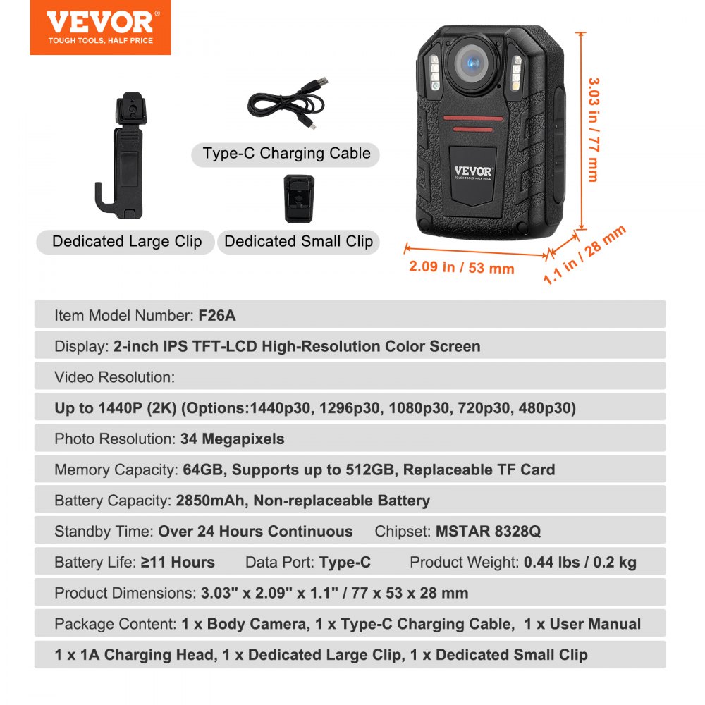 VEVOR 1440P HD Polizei-Körperkamera, 64 GB Bodycam mit Audio-Video-Aufnahmebild, eingebauter 2850 mAh-Akku, 2,0" LCD, Infrarot-Nachtsicht, wasserdichte persönliche Bodycam für die Strafverfolgung