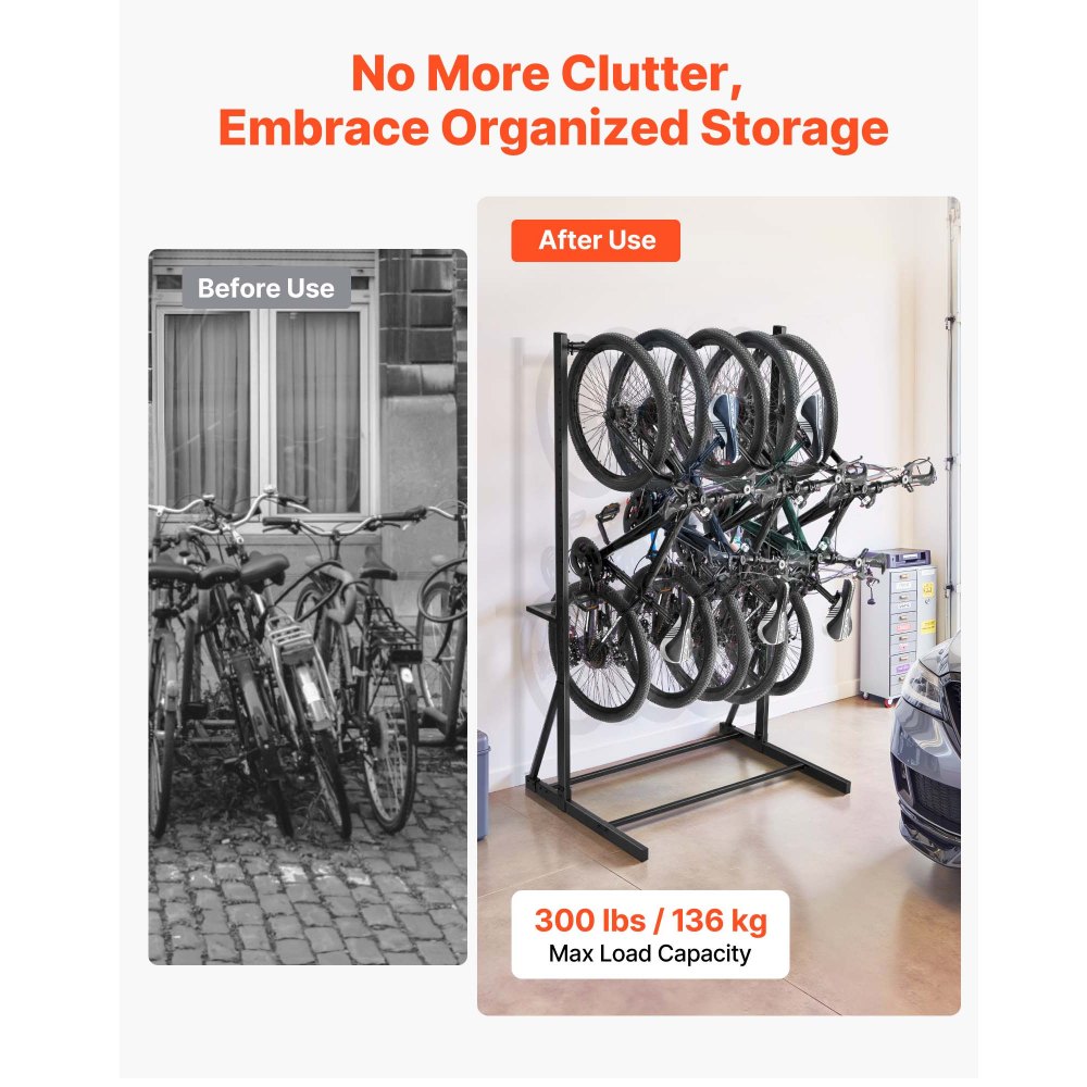 VEVOR Bike Rack, 300LBS/136KG Capacity for up to 5 Bikes, Freestanding Bike Storage Rack, Carbon Steel Vertical Bicycle Stand for Home, Yard, Garage, Living Room, Indoor/Outdoor Bicycle Storage Stand