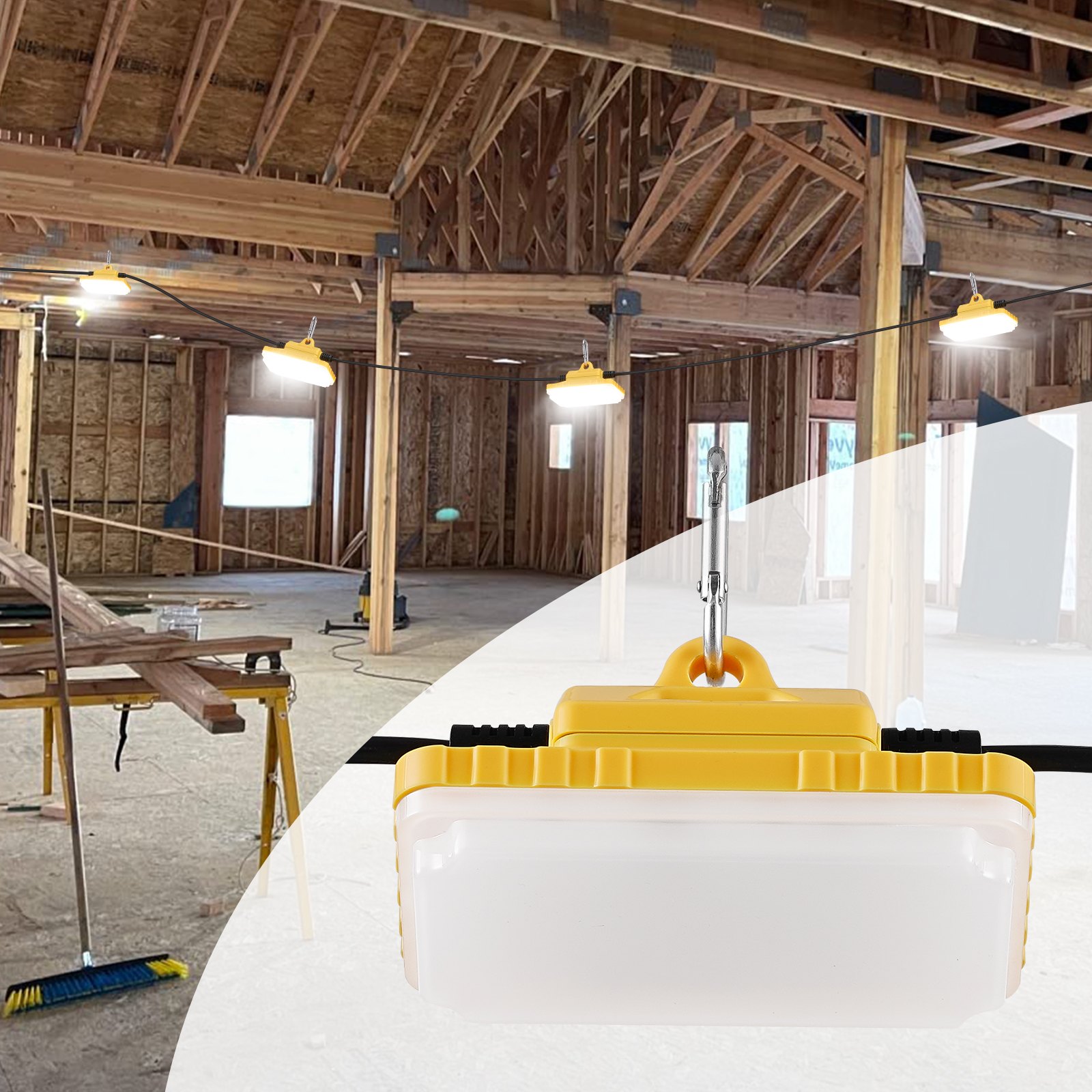 VEVOR 30,5m Baustrahler, 150 W, 15000 lm, 10er Lichterkette für die Arbeit, 5000–5500 K, IP65 wasserdicht, mit Aufhängehaken, für Baustelle, temporäre Beleuchtung im Innen- und Außenbereich