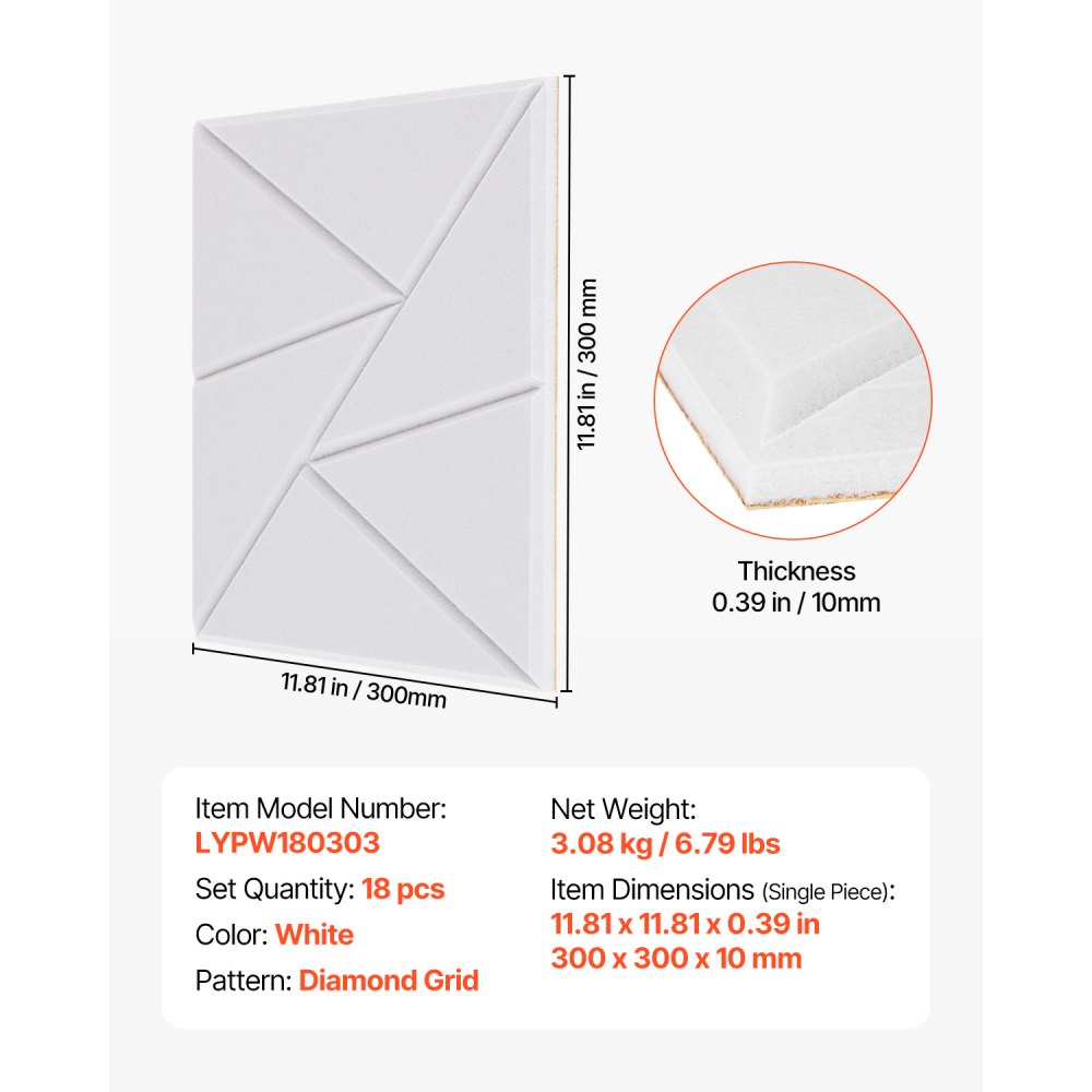 VEVOR acoustic panels with self-adhesive tape, 300x300x10 mm, soundproof foam panels, acoustic wall panels made of polyester fiber, for home, studio, office, theater, white, pack of 18