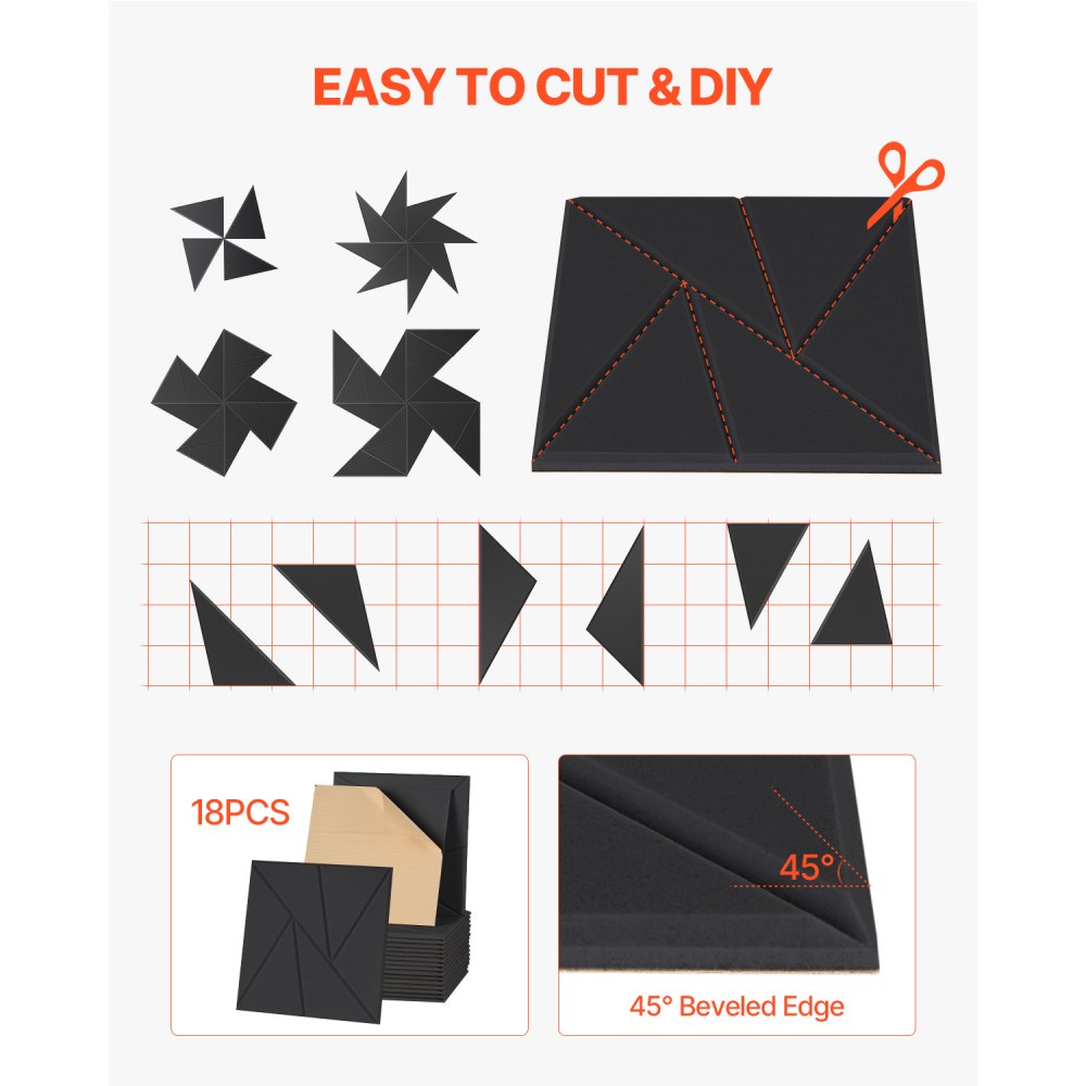 VEVOR 18er-Pack Akustikpaneele mit Selbstklebeband, 300x300x10 mm schalldichte Schaumstoffplatten, Akustik Wandpaneele aus Polyesterfaser, für Zuhause, Studio, Büro, Theater, Schwarz