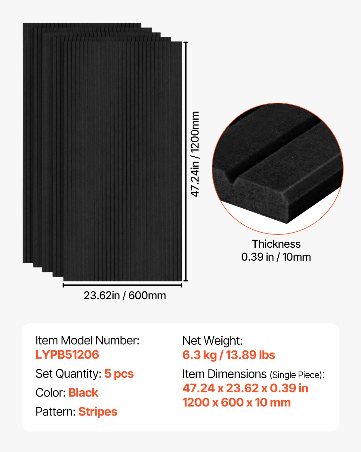 VEVOR 5er-Pack Akustikpaneele mit Selbstklebeband, 1200x600x10 mm schalldichte Schaumstoffplatten, Akustik Wandpaneele aus Polyesterfaser, für Zuhause, Studio, Büro, Theater, Schwarz