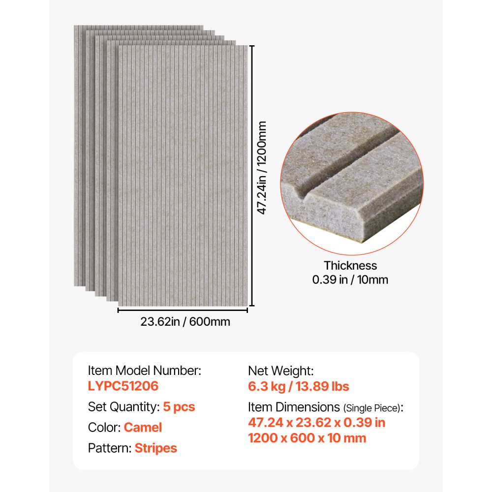 VEVOR 5er-Pack Akustikplatten mit Selbstklebeband, 1200x600x10 m schalldichte Schaumstoffplatten, Akustik Wandpaneele aus Polyesterfaser, für Zuhause, Studio, Büro, Theater, Kamel